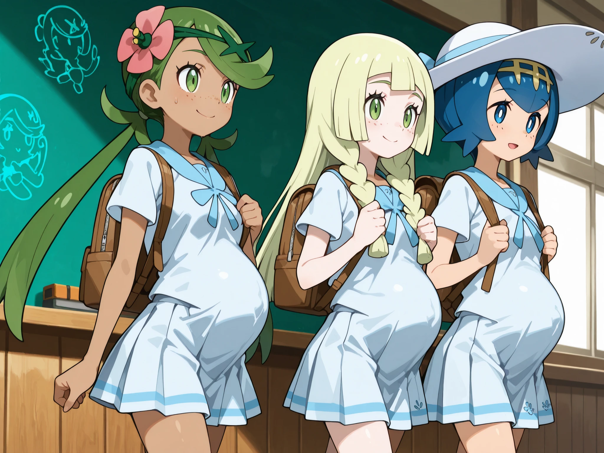 masterpiece, Highest Quality, great quality、（（（3 girls）））、3 girls(Water Lily：Lillie：Mao) 、（Water Lily： lana, blue eyes, blue hair, freckles, hairband, short hair, white pupils, yellow hairband, bright pupils,）、（Lillie：long hair、 Gold、sun hat、white hat、Twin braid hairstyle、green eyes、）、（Mao： mallow, long hair, bangs, hair ornament, twintails, green eyes, flower, green hair, hair flower, dark skin, dark-skinned female, swept bangs, mallow (pokemon)）、smile、Glowing Skin、sweating、blue uniform,  anime uniform, school uniform, pointed chest、Detailed Background,cowboy shot、standing, school uniform, backpack, school background, 、 classroom 、nipple bulge under clothes, skirt, pregnant, pregnancy, all pregnant. All walking, looking aside. 