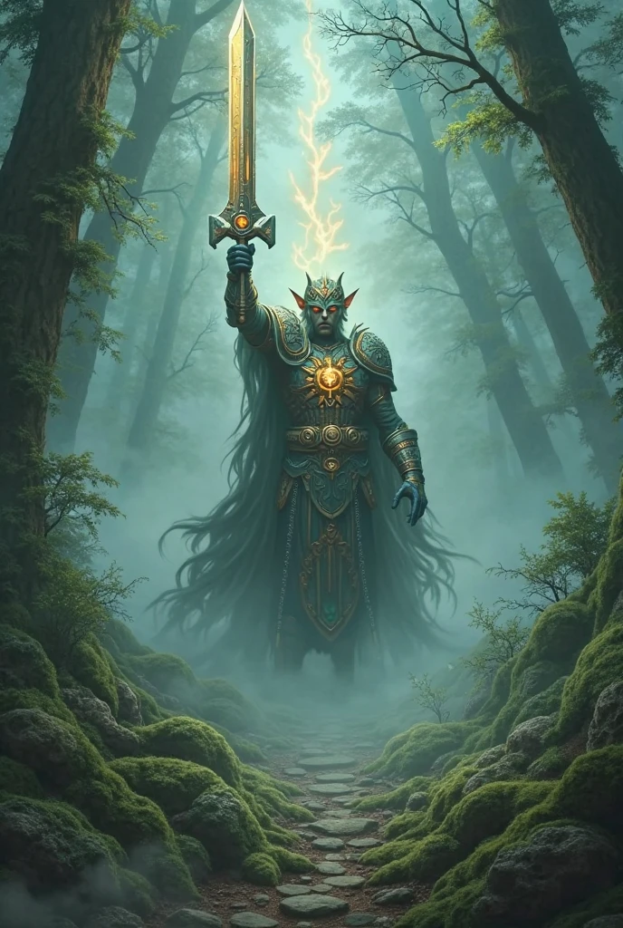 Panoramic image of Link from the video game The Legend of Zelda, transformed into the fierce deity emerging from the fog in a forest