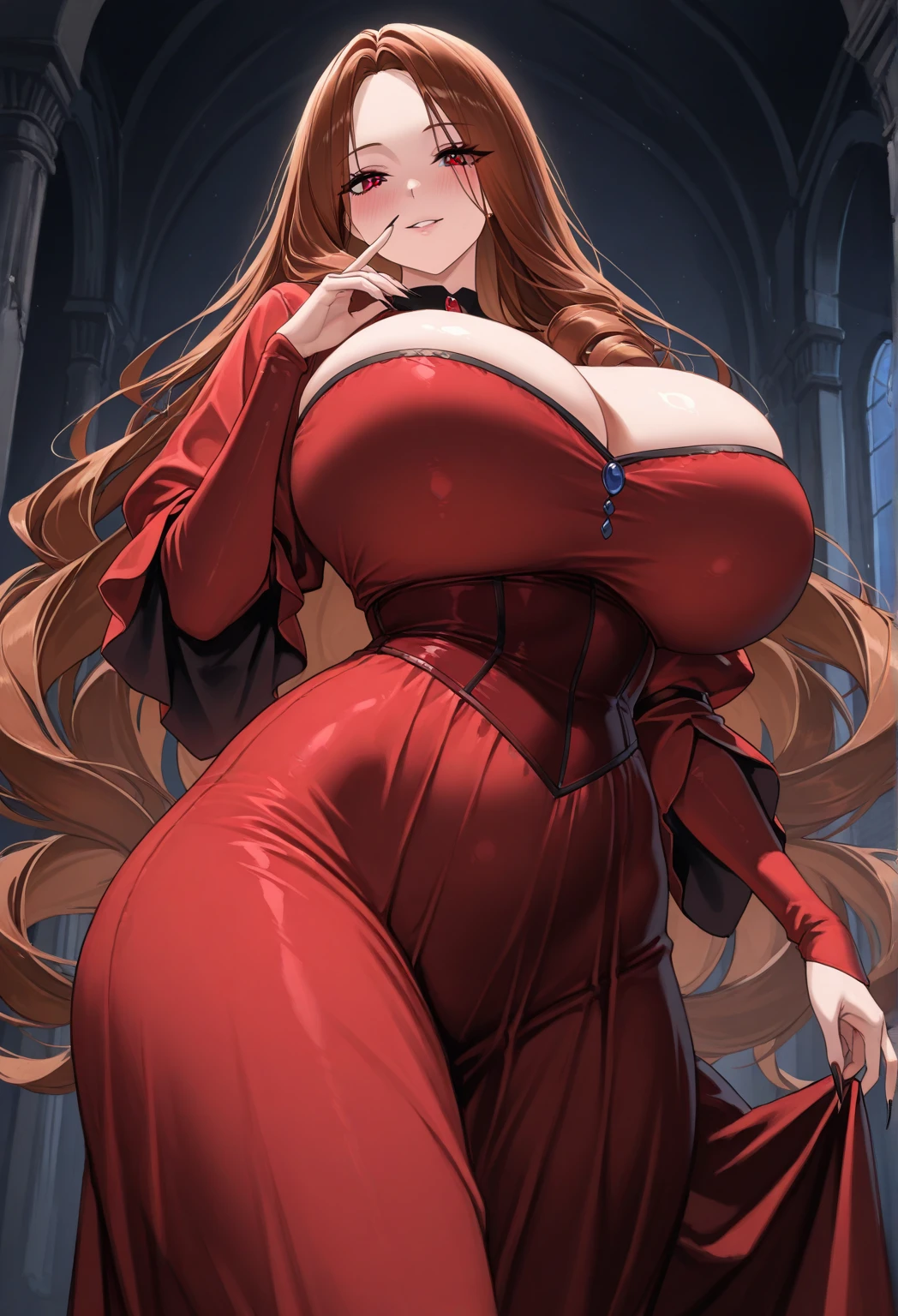 Night time,(Masterpiece), Best Quality, ultra-detailed, 1girl (eri,  Slender and sexy body, huge breasts, wide hips,   brown hair, long wave hair, brown eyes,half-closed eyes, spectacles), evil face, smirk,parted lips, mascara, full makeup, red lipstick,  facing viewer, looking at viewer, solo, red opera dress( staples dress), ornate dress, long dress, pussy, cleavage,bare shoulders, bows, in the  livingroom, standing,  Sexy waist teasing ,skirt pull, a provocative pose 