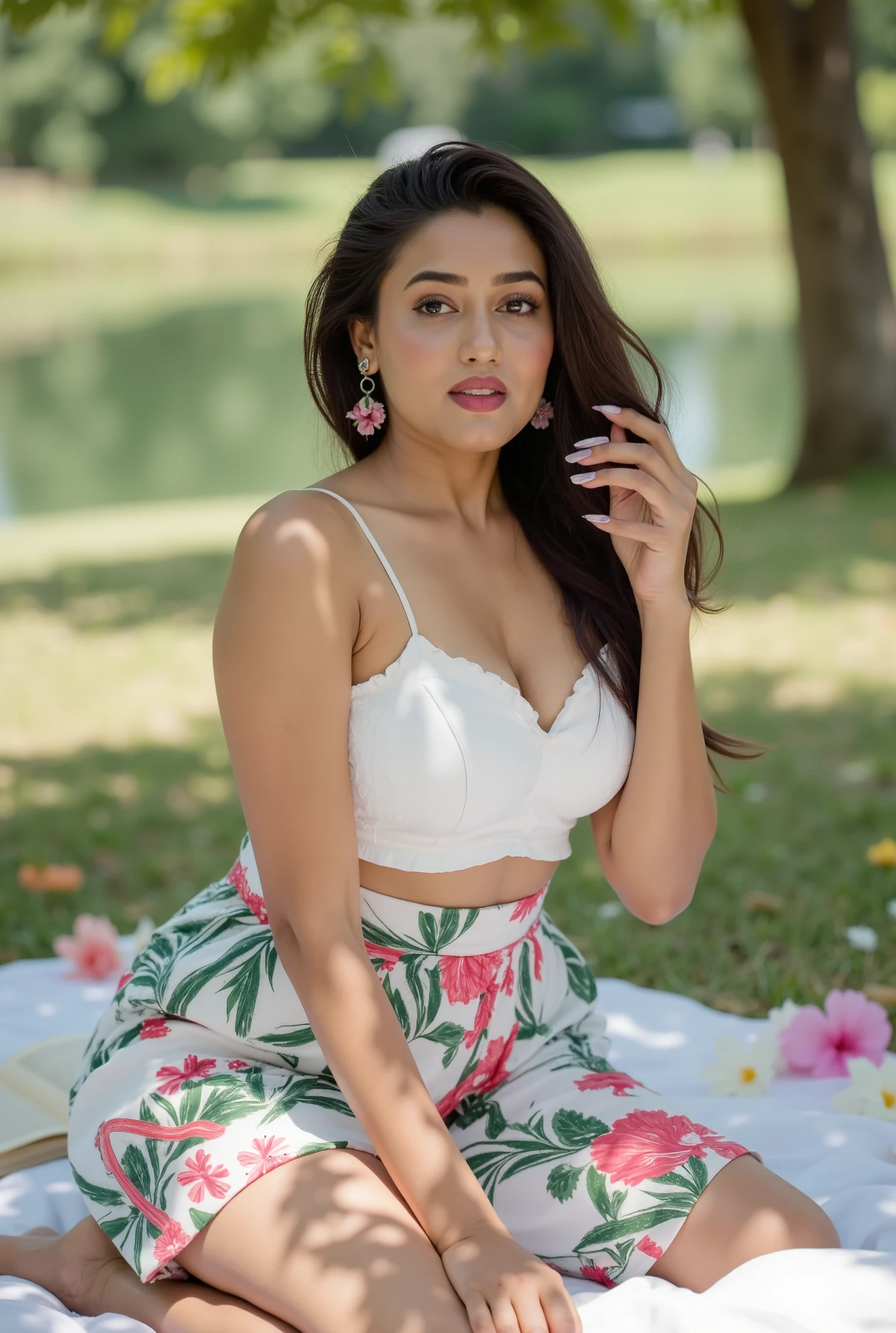A beautiful Indian woman enjoying a peaceful outdoor picnic under a tree near a lake, wearing a strapless white scalloped top and a flowy high-waist floral skirt with vibrant tropical prints – including leaves, butterflies, and flamingos. Her long wavy hair flows freely, and she accessorizes with elegant floral earrings. The setting is dreamy and romantic, with a white blanket on the grass, open books, flowers scattered, and calm water in the background. The lighting is natural and soft, evoking a serene, summer mood. Shot with shallow depth of field, full-body and mid-shots, editorial fashion style.