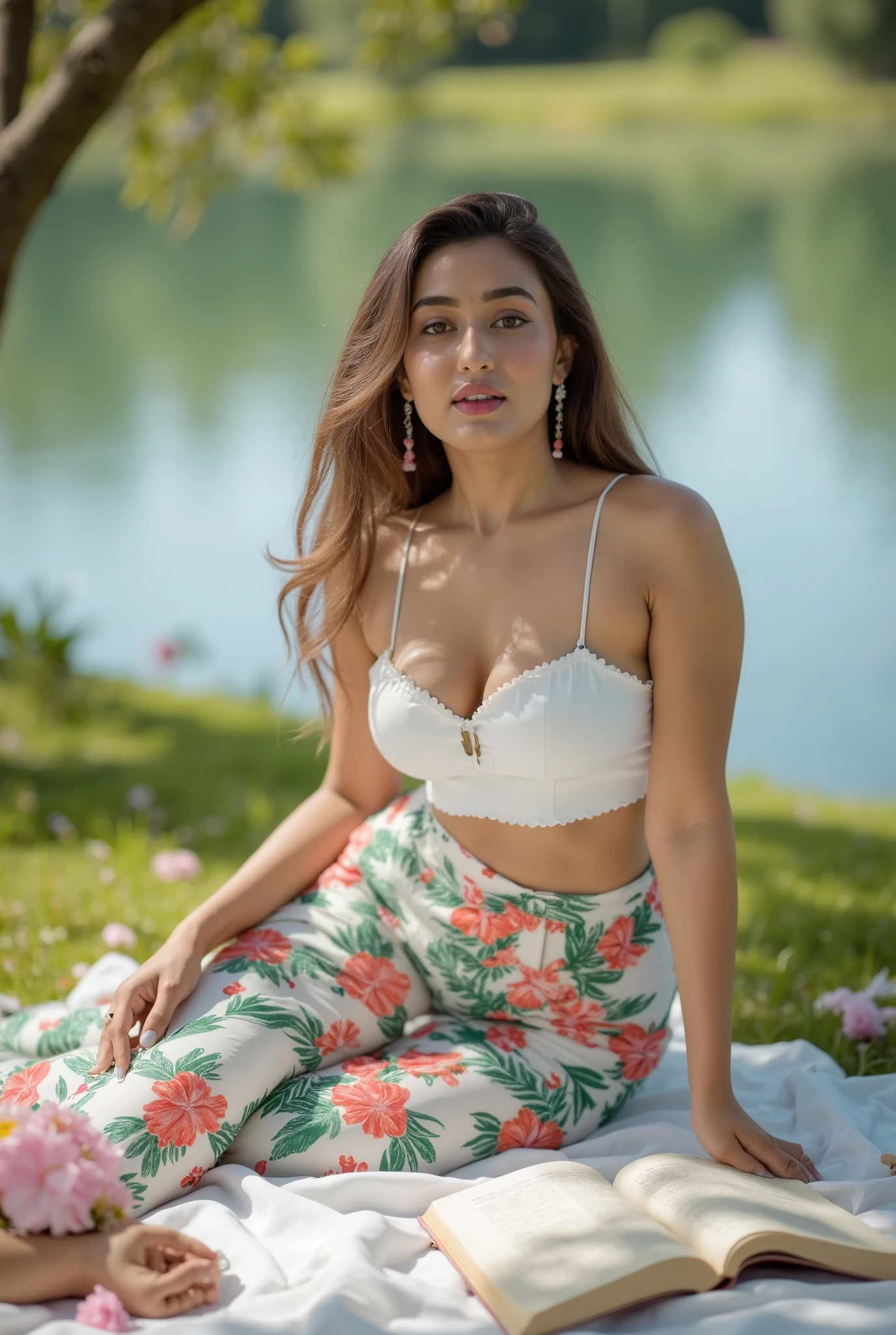 A beautiful Indian woman enjoying a peaceful outdoor picnic under a tree near a lake, wearing a strapless white scalloped top and a flowy high-waist floral skirt with vibrant tropical prints – including leaves, butterflies, and flamingos. Her long wavy hair flows freely, and she accessorizes with elegant floral earrings. The setting is dreamy and romantic, with a white blanket on the grass, open books, flowers scattered, and calm water in the background. The lighting is natural and soft, evoking a serene, summer mood. Shot with shallow depth of field, full-body and mid-shots, editorial fashion style.