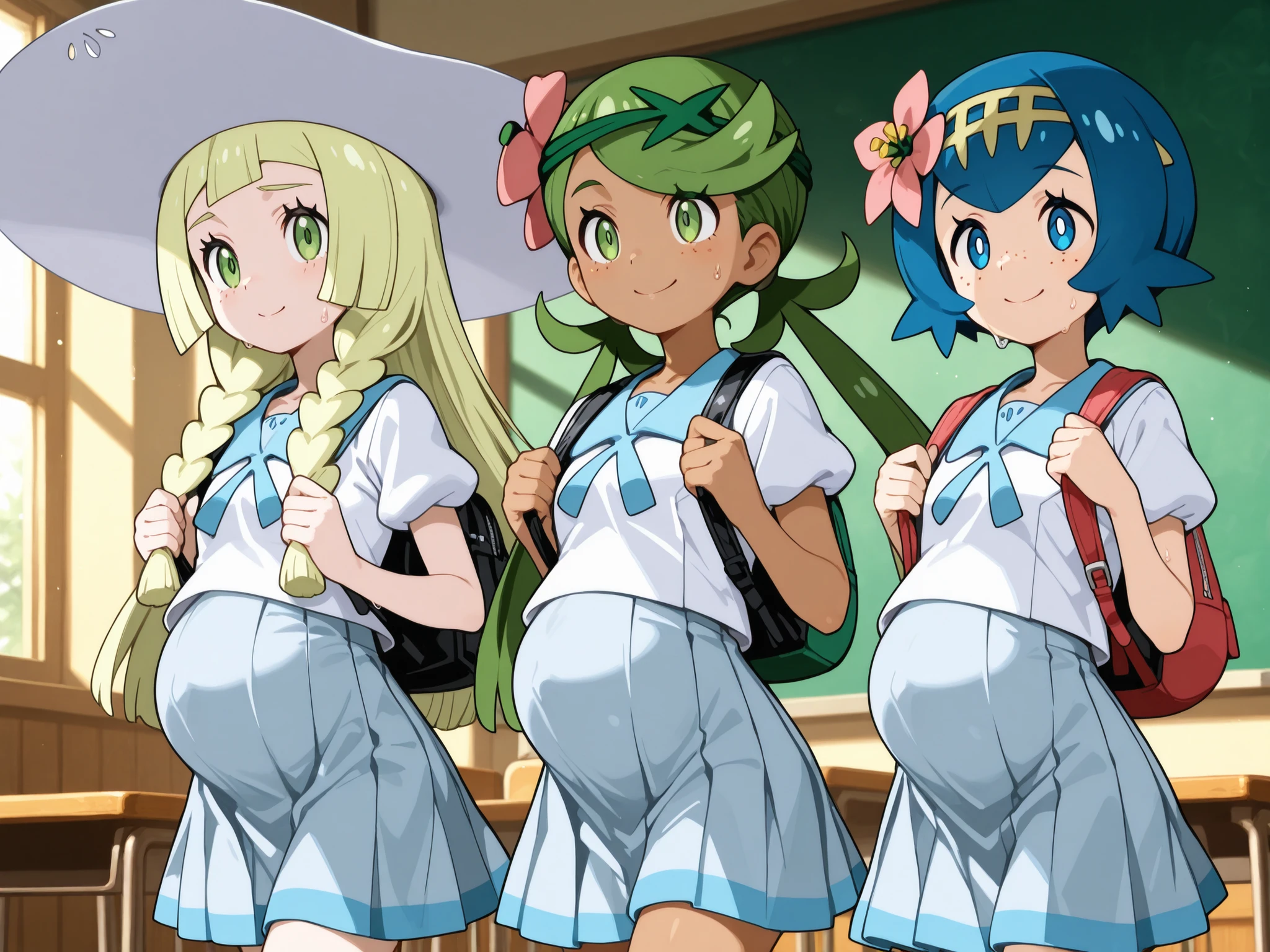 masterpiece, Highest Quality, great quality、（（（3 girls）））、3 girls(Water Lily：Lillie：Mao) 、（Water Lily： lana, blue eyes, blue hair, freckles, hairband, short hair, white pupils, yellow hairband, bright pupils,）、（Lillie：long hair、 Gold、sun hat、white hat、Twin braid hairstyle、green eyes、）、（Mao： mallow, long hair, bangs, hair ornament, twintails, green eyes, flower, green hair, hair flower, dark skin, dark-skinned female, swept bangs, mallow (pokemon)）、smile、Glowing Skin、sweating、blue uniform,  anime uniform, school uniform, pointed chest、Detailed Background,cowboy shot、standing, school uniform, backpack, school background, 、 classroom 、nipple bulge under clothes, skirt, pregnant, pregnancy, all pregnant. All walking, looking aside. 