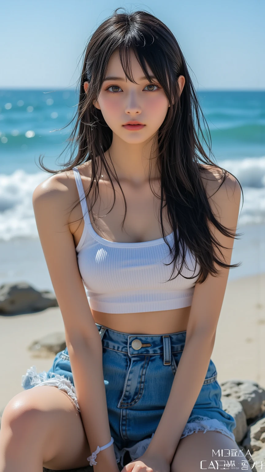 (logo、masterpiece、8k、Tabletop、RAW Photos、wonderful、最high quality、Photorealistic and Very detailed CG integrated 8k wallpaper、high quality、Very detailed、Narrative poem、Particle Effects、Dynamic Effects、Written boundary depth、Cinematic Light、Lens flare、Ray Tracing)、Fantasy、 (One beautiful woman、White pants、White T-shirt、White tube top、White crop top、Black-haired、Beautiful Face、True Face、Beautiful details、eye、Beautiful Skin、Ultimate Body、glamorous)、私の髪はWindに舞う、Hair flutters in Wind、Hair bounces、Seaside、wonderful景色、Coastal、sunrise、Sun in the background、Wind、Beach