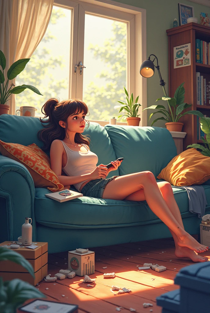  girl whole body relaxed, wearing bikini , a thin coat worn over, lying reading by the window, birds singing, flying notes, cat playing guitar, The girl reading the book is called “Life is easy”, on the wall hangs a picture that says &quot;Relax&quot; & Laugh”,