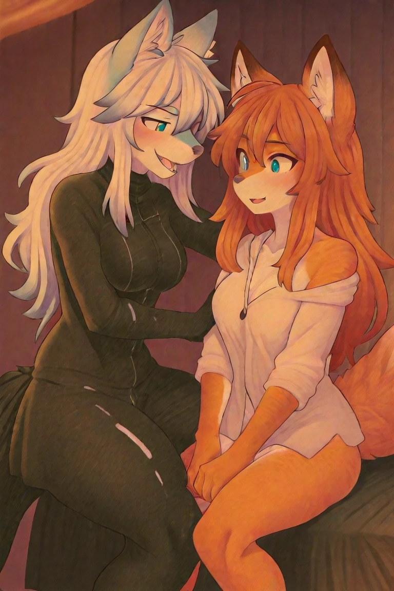 uploaded the e621, beautiful and detailed, woman (((female))) ((anthro)) Fox, (Averi, Fox girl), cinematic lighting, Fox, (anthro, fluffy fur), 1girl, anthro fox girl, body fur, curvy, sexy, nice, cute, hot, comfortable anime-style cartoon-style, digital drawing, NSFW, pussy, tits, nervous smiling, sassy, sassy hips, smug, fangs, simple background, speech bubble, green eyes, face sitting, dominant female, side view, looking at viewer, 2 girls