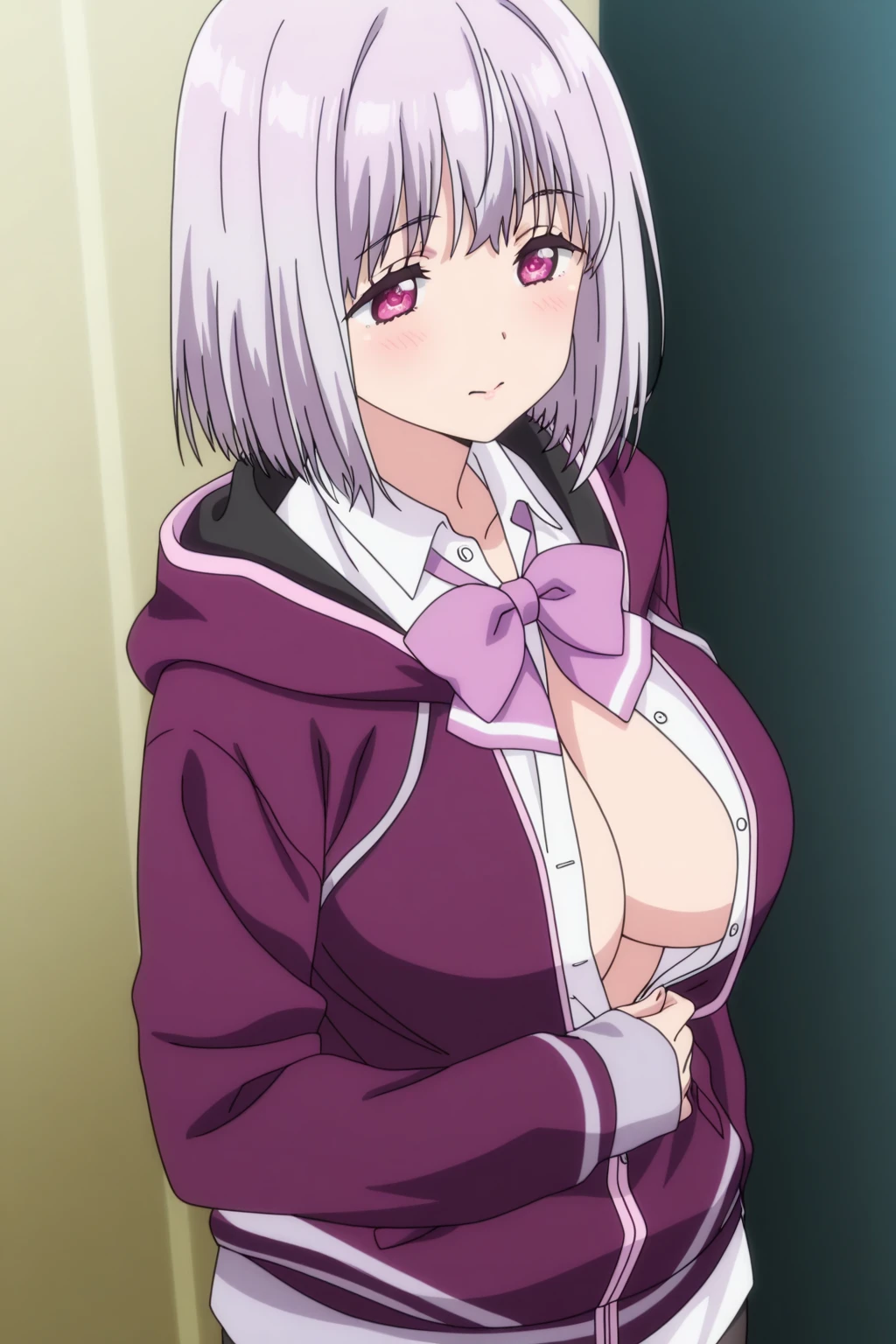 nude, nipples, vagina, pussy, very huge tits, busty, upperbody, akane, light purple hair, pink eyes, short hair, at pool, random pose, smile,