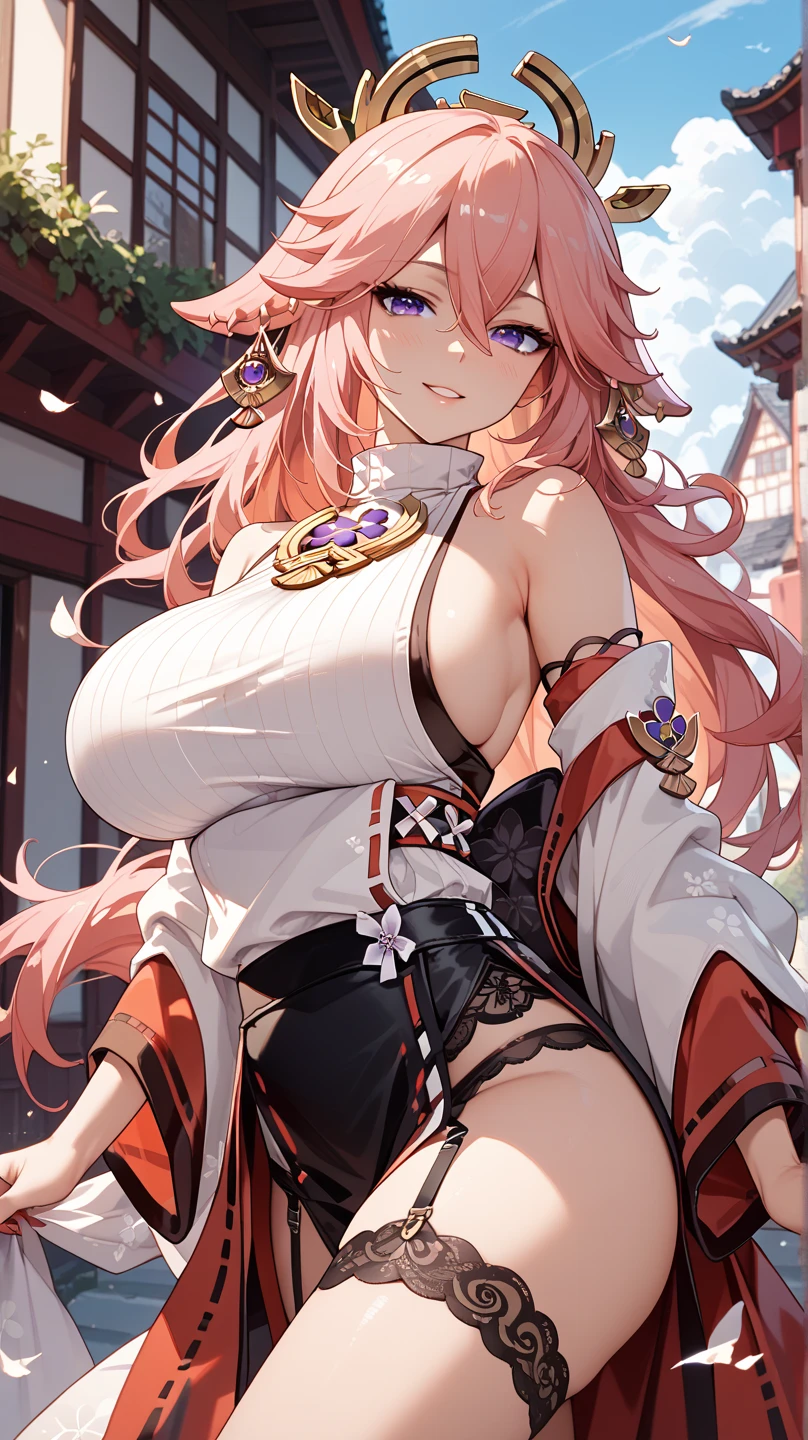 a beautiful young woman, 25 years old, wearing traditional Chinese clothing, standing in an old temple, her medium-length hair flowing, pink hair, her eyes rendered in an anime style, happy, her medium-sized breasts accentuated,, (best quality, masterpiece, 4k, ultra-detailed), intricate details, dramatic lighting, cool angle, simple background, temple
