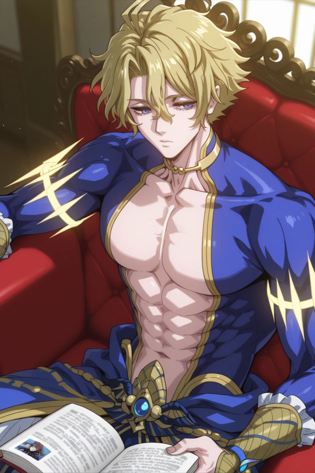 (absurdres, highres, ultra detailed, HDR) master piece, best quality, Gilgamesh, blond hair, expressive red eyes, Fate Grand Order, solo, sexy man, handsome, golden earrings, toned chest, naked, erection, big dick, red couch, sitting, castle room, luxurious, fantasy