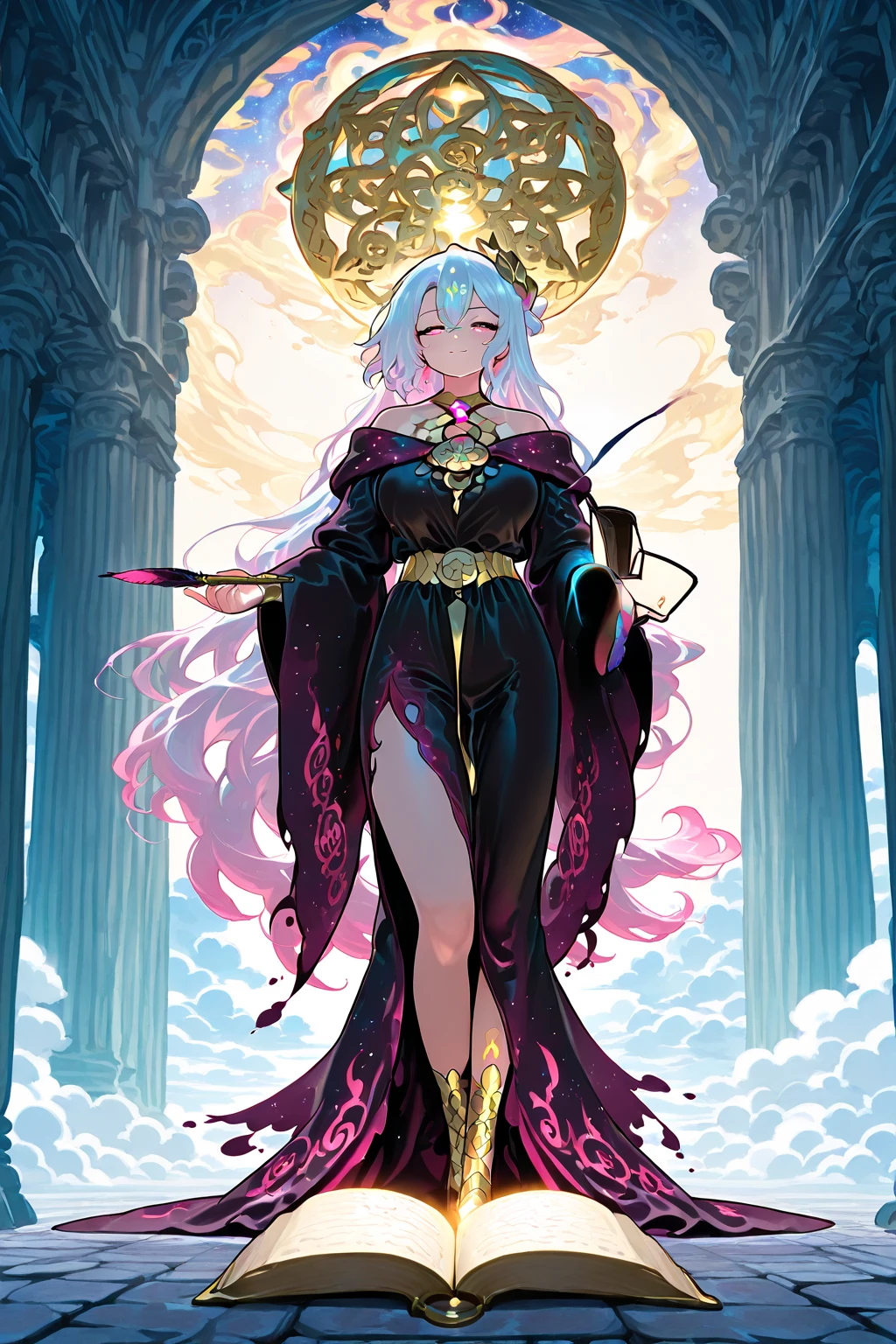 "Create a beautiful illustration of the goddess Luxia, who governs indulgence and temptation. She wears a robe adorned with gold and jewels, has long golden hair, and possesses golden eyes imbued with knowledge and allure. Please include the elegant staff she holds and intricately designed gemstone rings on her fingers."