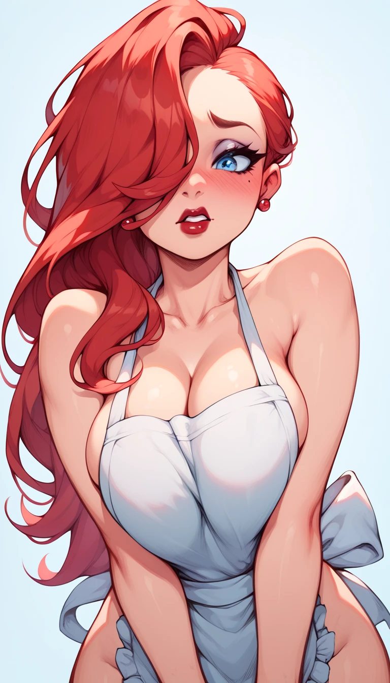 check_9, check_8_up, check_7_up, 1 girl, Simplified background, Asiatic, casual clothes , sunny, beautiful, flirty face, Red lips, sharp eyes, big breasts, big ass, Beautiful eyelashes, cute face, high detail, Hands, seductive face, Good Makeup, red flowing hair, orange beautiful hair, cute face, white top, short shorts
