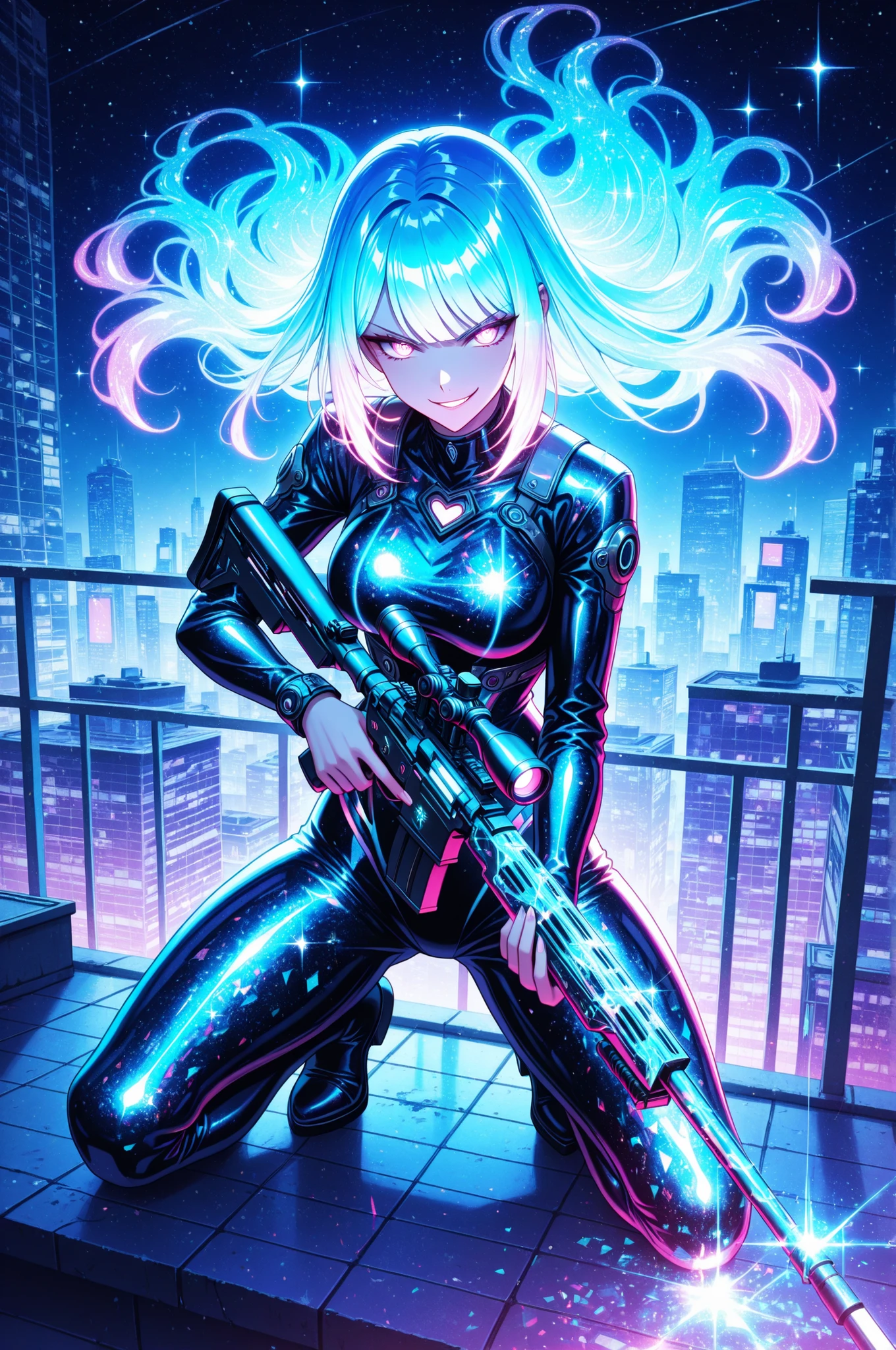 (masterpiece), best quality, 1girl, flirting smirk, kneeling on rooftop, holographic, holofoil glitter, faint, glowing, ethereal, neon hair, glowing hair, long hair, bob-like layers ,trigger discipline, sniper rifle, looking at the viewer