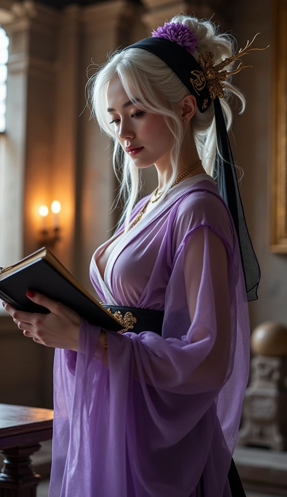 Soft candle glow, ultra detailed. A busty woman with silver hair leans forward over a prayer book. Her robe is sheer and loosely tied. Her hands tremble as they touch the pages. Her eyes are closed, lips moving in a silent prayer.