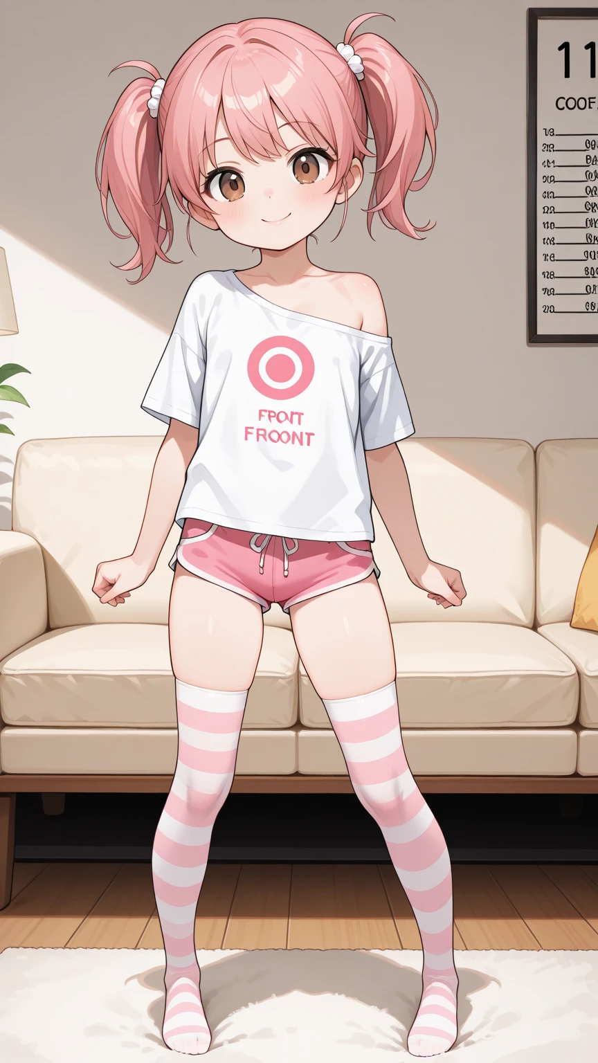 (masterpiece, Highest quality),Overall image，Highest quality，32K，(child)，Solo Images，Very small baby girl，Very chibi，Honor student，Very short stature，10 years old，Flat Chest，Thin thighs，Thick eyebrows，Brown Hair，Curly Hair，Blunt bangs，Short Twin Tails，Joji Fashion，denim、Black knee socks、ライトブルーのリボンで結んだShort Twin Tails、Red School Bag、Tsundere face，Elementary School Bulletin Board，Underwear，Gym suit，price tag，