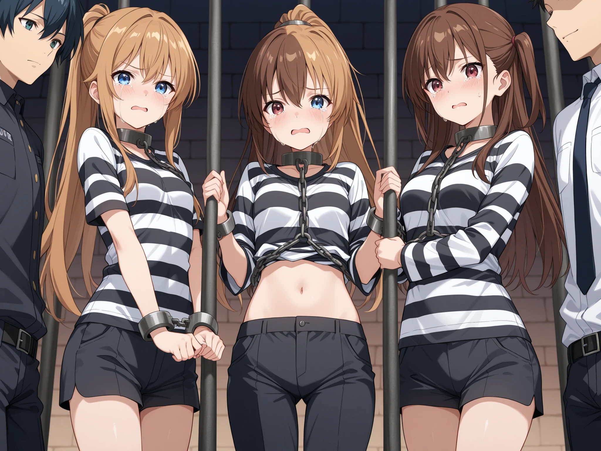 3 girls, standing, arms, over head, arms up, facing viewer,bound arms, bound wrists, bound ankles, rope, feet together, knees together, 18,skinny,  short hair, brown hair,nude,blush, fear, panic, full body, dungeon, brick wall <lora:scared-expression-v1.8-000005:1>