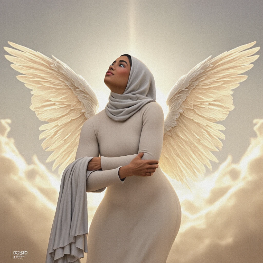 Girl in white hijab on her back big wings