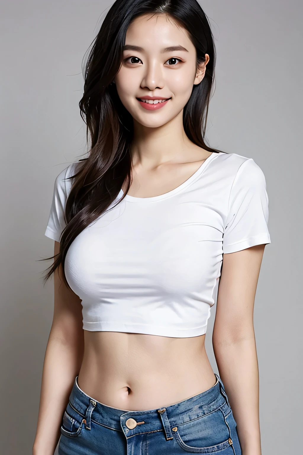 (realistic、High resolution:1.3)、japanese woman、full body portrait、1 girl with perfect figure、super thin face and eyes、summer street、caramel hair、bright and long hair、Casual clothing、U-neck T-shirt、triangle bikini under t-shirt、short sleeve t-shirt、thick fabric t-shirt、Ultra low-rise skirt、big breasts、I can see my belly button、exposed lower abdomen、sexy hip bones、beautiful hip bone skin、Hip bone exposure、naked lower abdomen、tight waist、skinny body、toned lower abdomen、Detailed skin of lower abdomen、Detailed skin of suprapubic bone、super low denim skirt、Naked around the waist