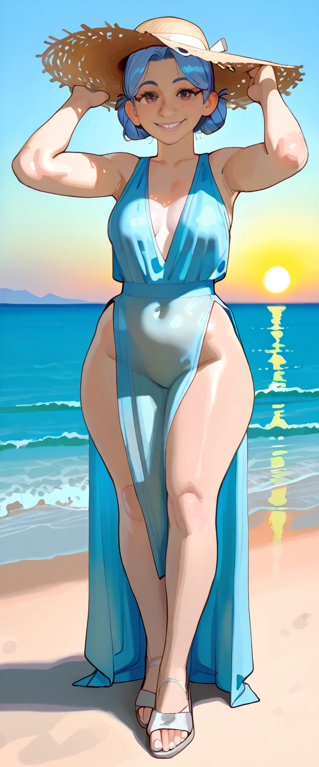 illustration Anime style, praia, dia ensolarado, no fundo da imagem barcos de pesca no mar com pescadores, algumas gaivotas voando, black woman black woman miĺf mature woman mature milf brunette, Frontal naked completo naked sorrindo, Seios muito enormes with huge , pubiano peludo, Standing peeing open legs spread, urinando na areia;, a puddle formed by urine
