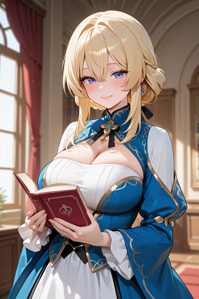 (masterpiece: 1.2, Highest quality), Highest quality, masterpiece, Very detailed, Semi realistic, 1 Girl, Mature Woman, 21 years old, Blonde Short Hair, The left eye is covered with hair, blue eyes, King's Clothes, Red Cape, Slim figure, See-through clothing、Large Breasts、A crown made of precious gold, Document reading and markup, Goose hair pen, Office Table, Soft bench