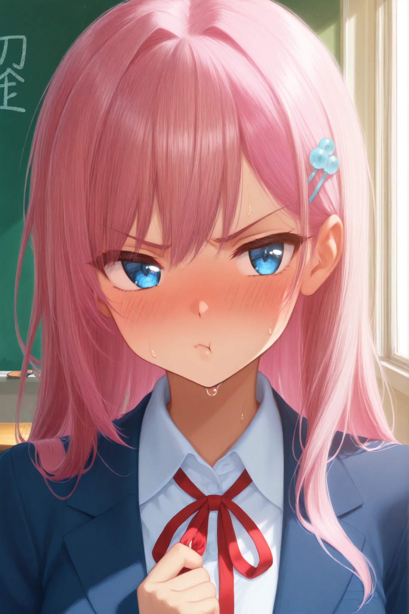 masterpiece, best quality, shoulder-up portrait, 1 girl, high school student, long flowing pink hair to waist, cute hairpin accessory, large expressive blue eyes, tsundere expression (scowling with pouty lips + bright cheek blush), visible sweat bead on temple, white school blouse, navy blue blazer, red ribbon tie at collar, fingertips touching ribbon, classroom background with chalkboard, soft natural lighting, anime style, SFW, age-appropriate, no suggestive content