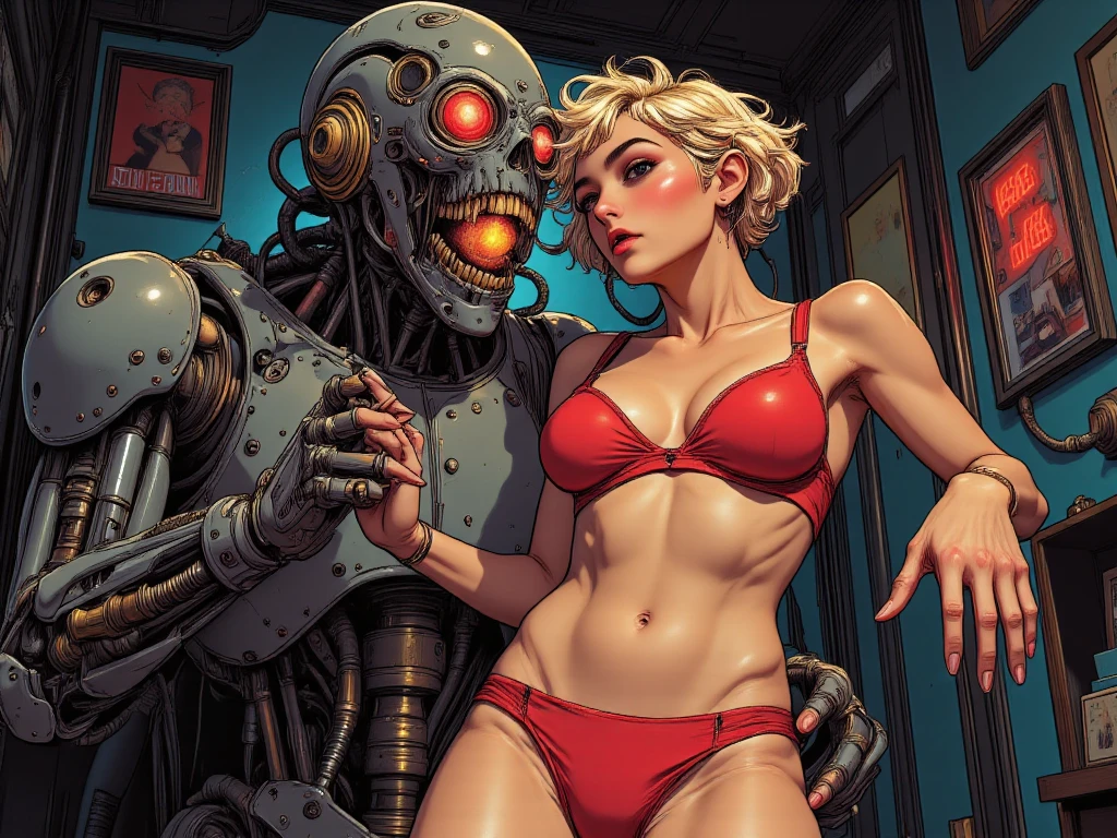 best quality,girl,dynamic shot,room,detailed background , alien, mechanical arms, zombie