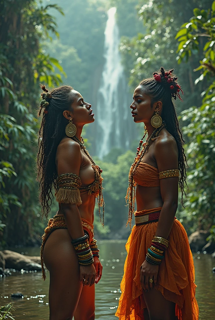 exotic cinematic photo native black girl, (skinny), Kale, the four on the arenestido stage)) people, native tattooed body), small ass, breasts small, tribal jewelry, CRU photo, high qualiy, 35mm photography, cinematic grain, bokeh, proffesional, 4K, highy detailed,