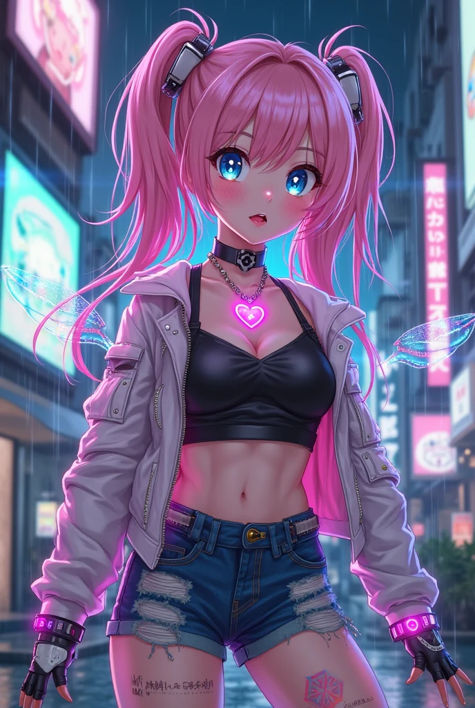 1girl,net bikini jeans, ponytail ,pink hair, green eyes, magic circle, blue flames, wallpaper, landscape, blood, blood splatter, depth of field, night, light particles, light rays, sidelighting, thighs, fate \(series\), genshin impact, ****, skirt, thighhighs,