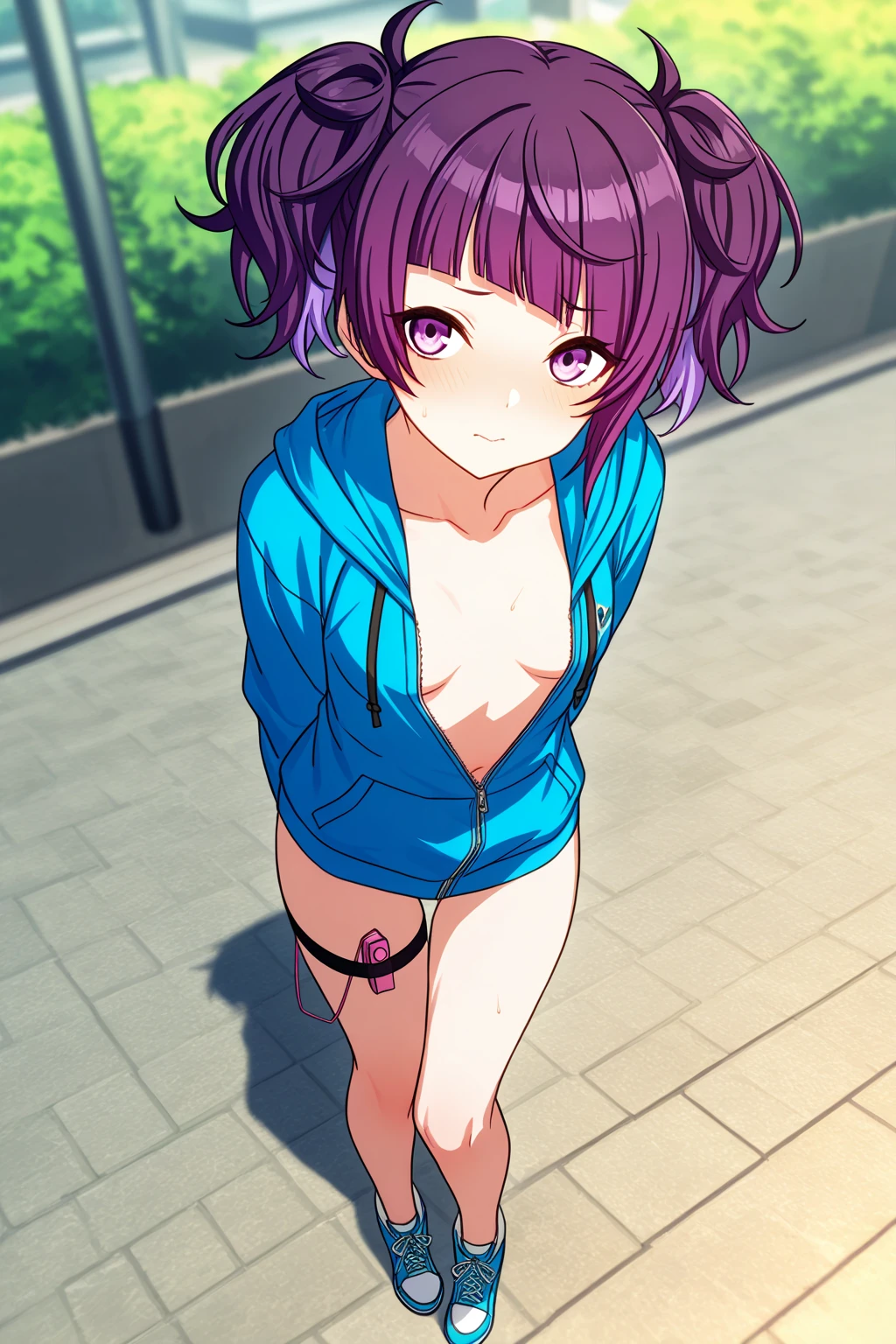 (Purple hair:1.4), gray eyes, 11 years old, short, short long hair, kind expression, shy, almost no breasts, slightly exposed. hair,(flipped hair ), flipped hair, ahoge, girl alone, flipped hair, flipped hair, flipped hair, flipped hair, glasses with no edges, embarrassed, flat chest， , (Naked: 1.5)，nipples are visible，pussy are visible