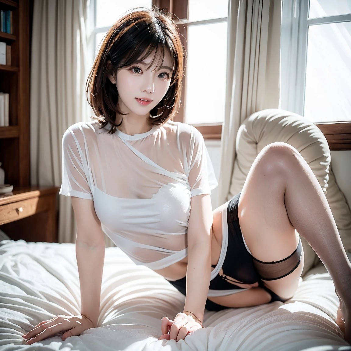 8k, raw, Perfect light effect,psychedelic room, small earrings，necklace，beauty, Pubic protrusion, Slender legs, White and tender skin, White transparent jewelry embellished hollow one-piece, big breasts,split，Look through the clothes，poke nipples，Open shirt with hands、spread legs、pubic hair is visible、panties are visible、Vagina shape is visible、The body is wet with water、Exquisitehands