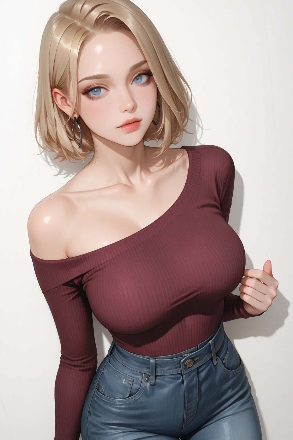 (masterpiece,best quality,ultra detailed,8k),(lascivious woman,lascivious beauty,voluptuous female,milf,mature female,vulgar female,sexy female,curvy,large breasts,nasty face,erotic face,perfect face,balanced face,big eyes,glistening skin,long eyelashes,seductive eyes,pulled lips,seductive mouth,sexually excited expression,sweat:1.5,perfect body),(blonde short bobcut hair),(embarrassed:1.5,blush:1.5),(sweater micro dress,off shoulder)