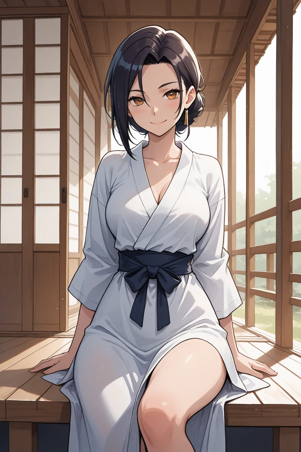1 girl, alone, myoukou \(Kancolle\), inside, Japanese style room, Tatami, Shiromuku, White Hood, white kimono, Seiza, smile, standing holding a book