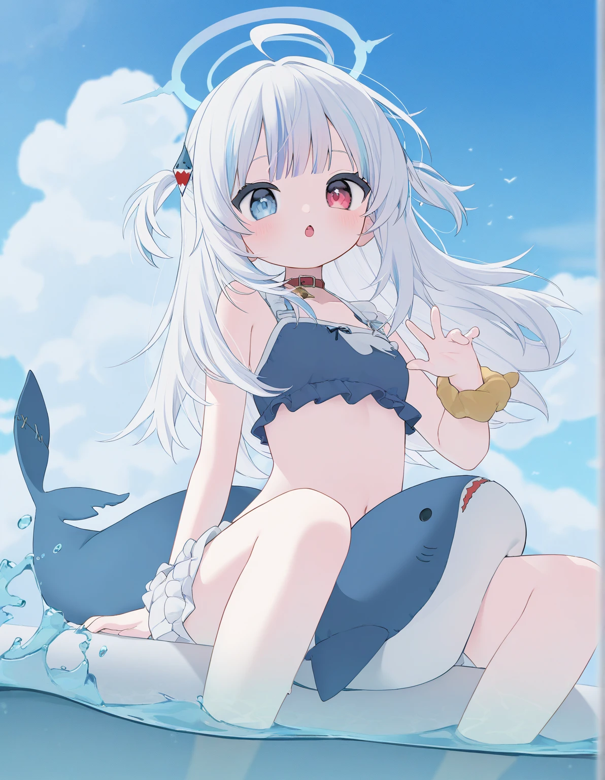 white haired young woman, 25 years old, body, golden eyes, long-haired,Green braid tied in bows left and right.........Big breasts..,, Wear a white bikini top......large white chest, Walking on the beach with whales in the background A slightly smiling face....................