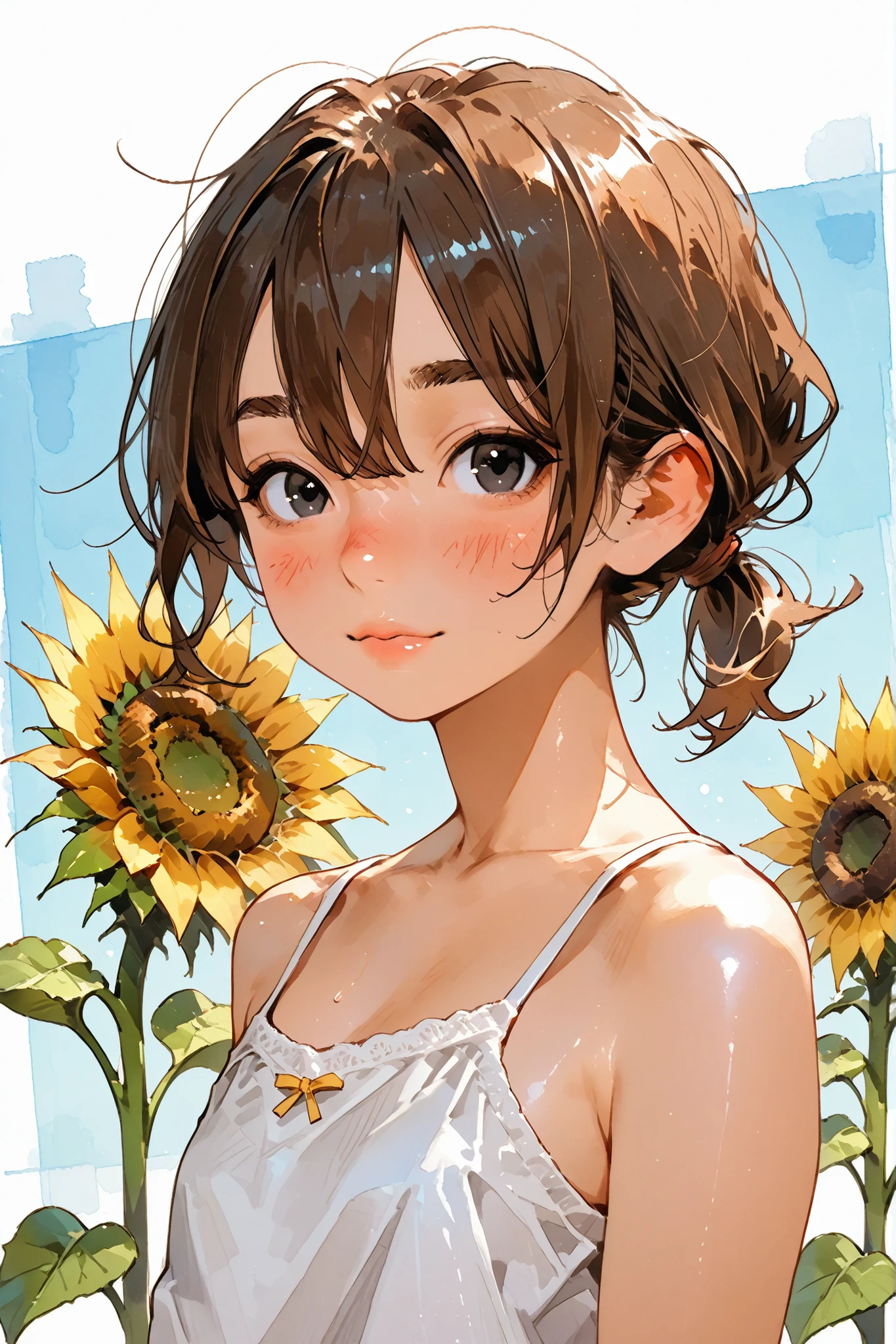 (Sunflower and girl),
1girl,Super Detailed,absolute resolution,(dynamic angles),(tanned skin:0.5),(portrait),(pinup),
,
white Spaghetti Strap Camisole,(untucked camisole:1.3),skyblue  Bermuda shorts,,
detailed and beautiful face and eyes,black eyes,,(Freckles:0.7),(Thick lips:0.7),[chapped lips],((Thick eyebrows)),Japanese girl,flat chest,(round nose:0.5), 
brown hair,low ponytail,short ponytail,choppy bangs,hair over both eyes,(messy hair:0.7), 
(blush:0.8),(nose blush:0.8),(light smile:0.5),(parted lips:0.6),Watercolor anime,


