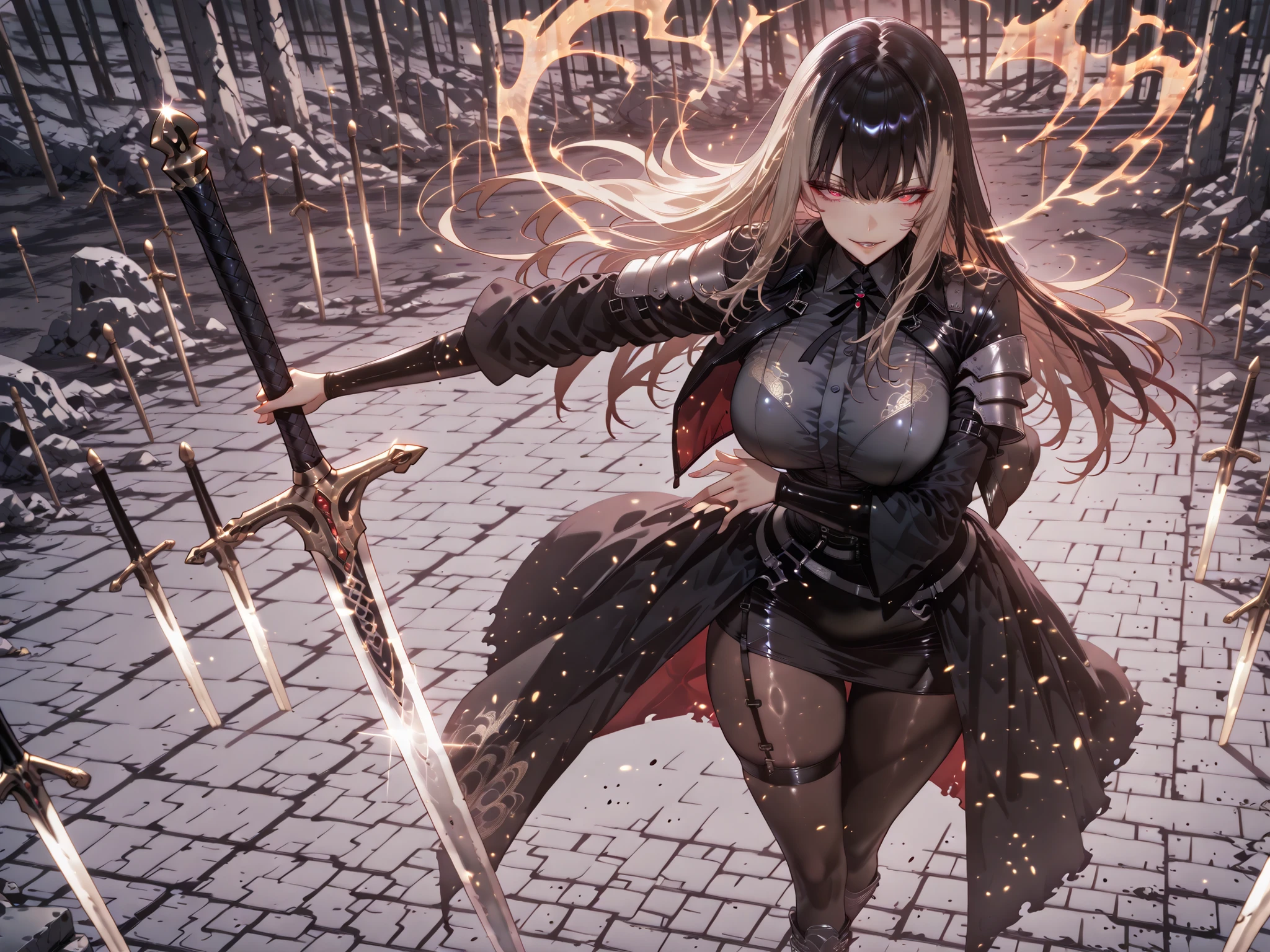 taken from above、Ball of Light、雷magic、caveの中、Ruins、black suit、black longsuit、 black long jacket、ゴスロリなshirt、Depressed、Tall Woman、A woman in her thirties、 Alassah's woman、Steins;Gate、 black longsuit 、score_9, score_8_up, score_7_up, Source_anime,masterpiece、No expression、no makeup、top quality,Beautifully Detailed Eyes, Exquisite Eyes、A sophisticated eye、highly detailed eyes and faces,unmotivated expression、lethargic face、 long breasts, Black Jacketを羽織る、Black Jacket、shirt, big saggy breasts, shockingly big breasts, big breasts,big boobs、boobs 、Zitoida, makeup、no makeup、long hair、smooth straight hair、tall woman、Tall Woman、plump thighs, parted lips、 shining eyes,(Fire Aura Onkown),dungeon内、Crimson Eyes、long hair、dark haired、黒い髪、long straight hair、dungeon、cave、Ruins、solo、soloプレイヤー、Wide ass、beautiful butt、stick your butt into the focus of your butt、long boots、Shoulder Armor、Fearless Laugh、strong、Is confident、Black Tight Skirt、Black Garter Belt、black tights、long tight skirt、Dynamic、Satu、fight、Satu狂、俺だけレベルupな件、arrogant、 Confidence々The smile 、bewitching smile、Sadist、Satu中、hunting、hunting、intimidating、magic使い、magic、magic、、Pearl of Light、Light Ball、左手にmagicの玉、plasma、plasma球、Glowing sphere、Made with Infinite Sword、black tights、Sword in the Sky、Countless swords