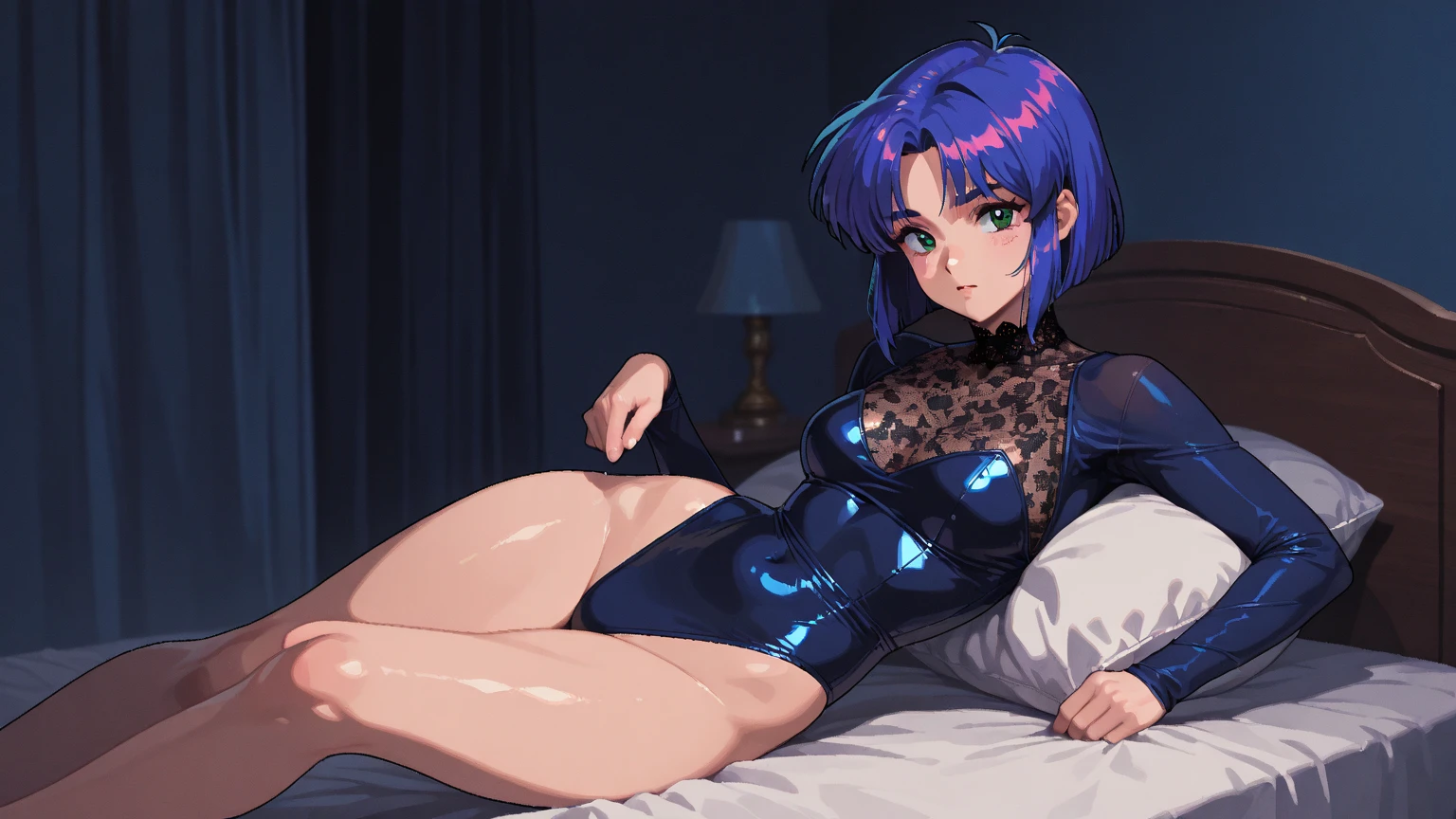 Suko Kusanagi, Purple colored hair, red eyes,Black bodysuit,anime style beautiful woman, lie on bed, (tmasterpiece, Best quality:1.2), cow boy shooting, Alone, 1 busty girl, Highest resolution,distinct_Image of a)Best quality, maam, tmasterpiece, The is very detailed, Semi-realistic, exposing her breasts, Inside the room, Modern bedroom, window, Get up, Morning, The face is red,Seductive action,Seductive expressions