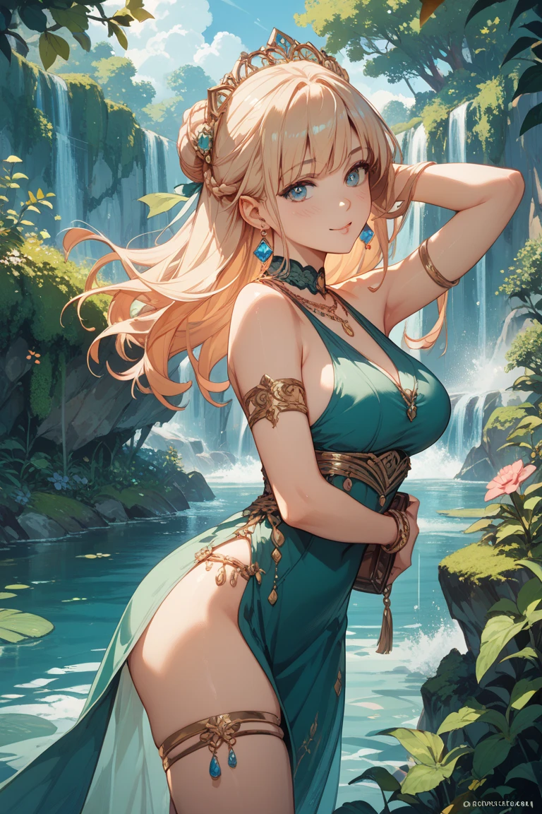 Waterland, bend at the waist, bend down and look at viewer, (photorealistic:1.4), (masterpiece, front lighting, finely detailed beautiful eyes: 1.2), masterpiece*portrait, realistic, 3d face, glowing eyes, shiny hair, lustrous skin, solo, embarrassed, (midriff), absolute_cleavage, necklace, sapphire_earrings