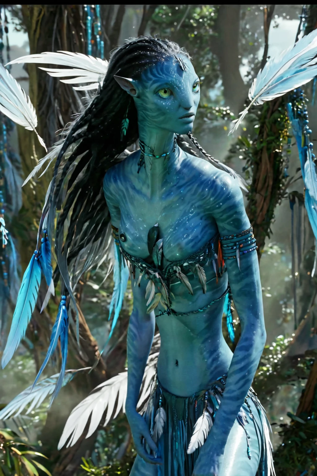 (Neytiriblueskinbabe), 1girl, tail, neutral, upper body, loose straight hair, cinematic angle, bioluminescent forest, (Photorealistic:1.3)