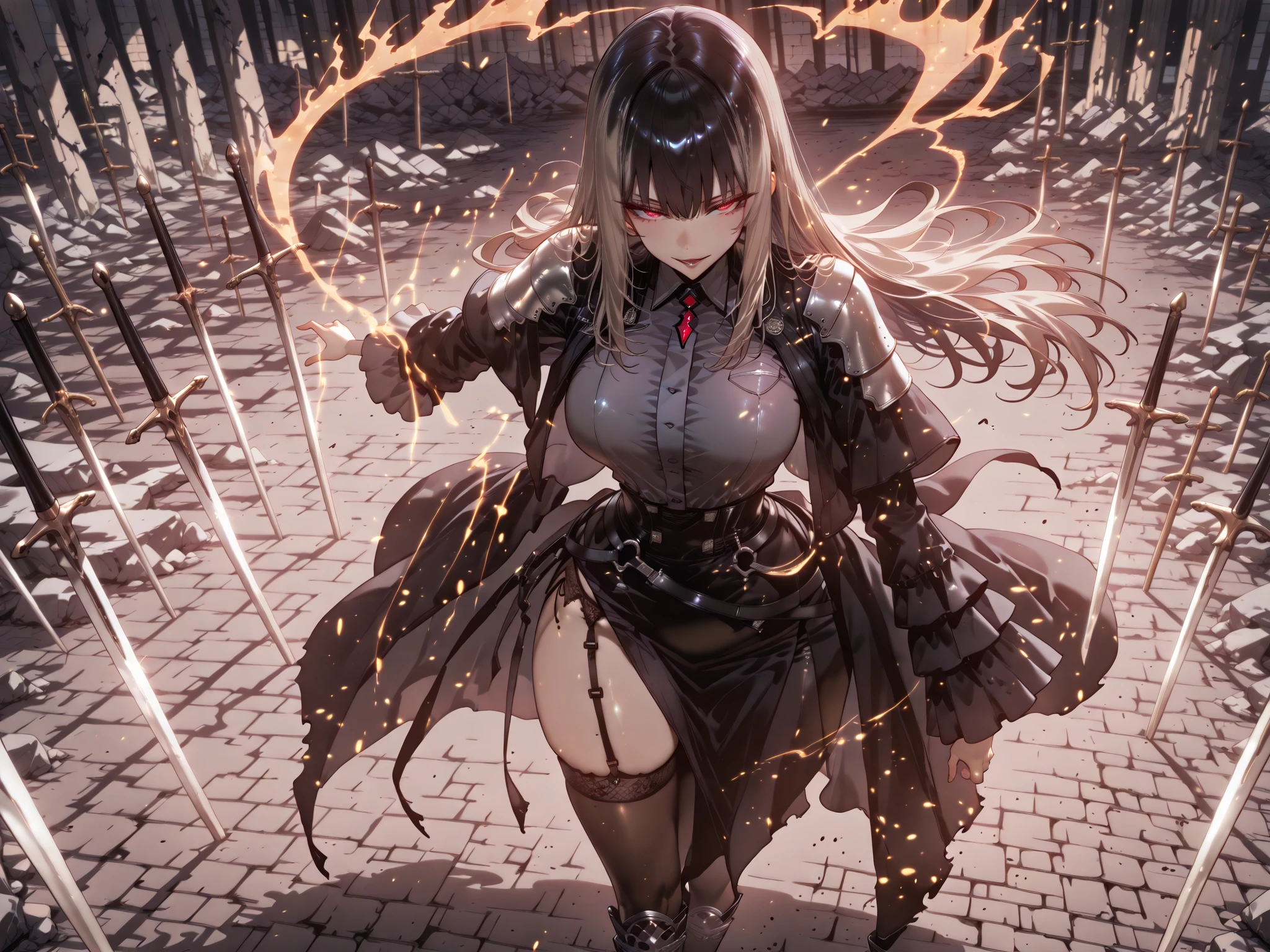 taken from above、Ball of Light、雷magic、caveの中、Ruins、black suit、black longsuit、 black long jacket、ゴスロリなshirt、Depressed、Tall Woman、A woman in her thirties、 Alassah's woman、Steins;Gate、 black longsuit 、score_9, score_8_up, score_7_up, Source_anime,masterpiece、No expression、no makeup、top quality,Beautifully Detailed Eyes, Exquisite Eyes、A sophisticated eye、highly detailed eyes and faces,unmotivated expression、lethargic face、 long breasts, Black Jacketを羽織る、Black Jacket、shirt, big saggy breasts, shockingly big breasts, big breasts,big boobs、boobs 、Zitoida, makeup、no makeup、long hair、smooth straight hair、tall woman、Tall Woman、plump thighs, parted lips、 shining eyes,(Fire Aura Onkown),dungeon内、Crimson Eyes、long hair、dark haired、黒い髪、long straight hair、dungeon、cave、Ruins、solo、soloプレイヤー、Wide ass、beautiful butt、stick your butt into the focus of your butt、long boots、Shoulder Armor、Fearless Laugh、strong、Is confident、Black Tight Skirt、Black Garter Belt、black tights、long tight skirt、Dynamic、Satu、fight、Satu狂、俺だけレベルupな件、arrogant、 Confidence々The smile 、bewitching smile、Sadist、Satu中、hunting、hunting、intimidating、magic使い、magic、magic、、Pearl of Light、Light Ball、左手にmagicの玉、plasma、plasma球、Glowing sphere、Made with Infinite Sword、black tights、Sword in the Sky、Countless swords