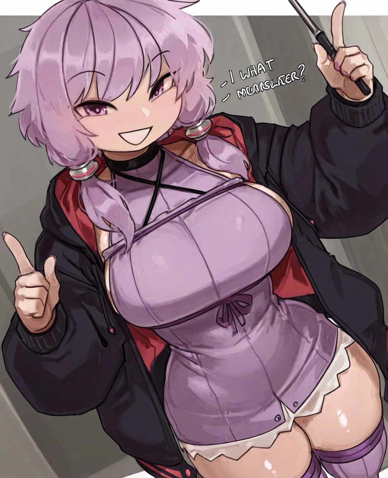 nanakusa nazuna,
1girl, bangs, bare shoulders, black nails, braid, breasts, cleavage cutout, clothing cutout, grin, groin, hair rings, hand on hip, hand up, jacket, light purple hair, long sleeves, looking at viewer, nail polish, navel, open clothes, open jacket, sleeveless, sleeveless turtleneck, sleeveless turtleneck crop top, smile, solo, turtleneck, w, nipples showing