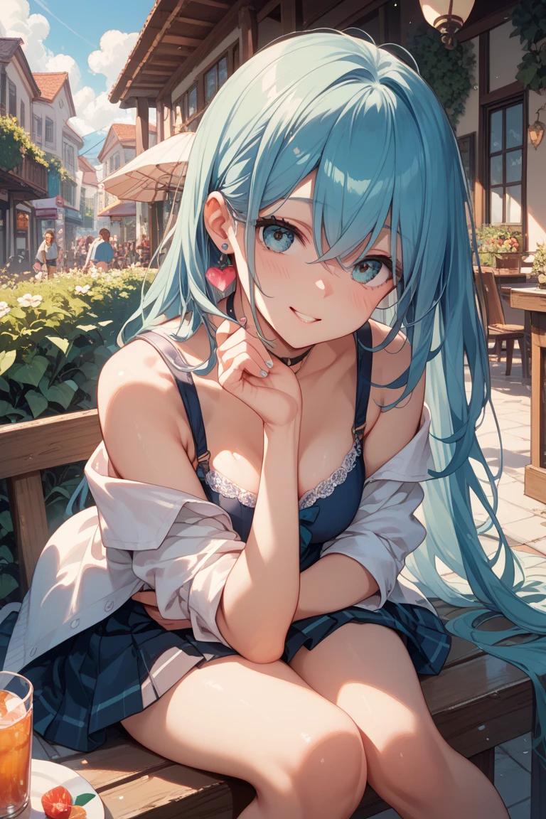 (Highest quality:1.4、masterpiece:1.4、超detailed:1.4、Ultra-high resolution:1.4、Absurd:1.4、Absolute Resolution:1.4、8K:1.4、detailed:1.4)、F cup bust、Big Breasts、Slim body、((((1 person、Surprised expression、sit、Chair、In the background are the urban buildings of Tokyo、looking at the camera、Indoor cafe terrace、Navy hair color、Straight Long Hair、juice、Shooting up close、table、Very cute face))))、((((nude、Areola))))、(Touching cheeks with both hands pose:1.4)、(bikini)、Nipples、Very blue sky、A completely cloudless sky