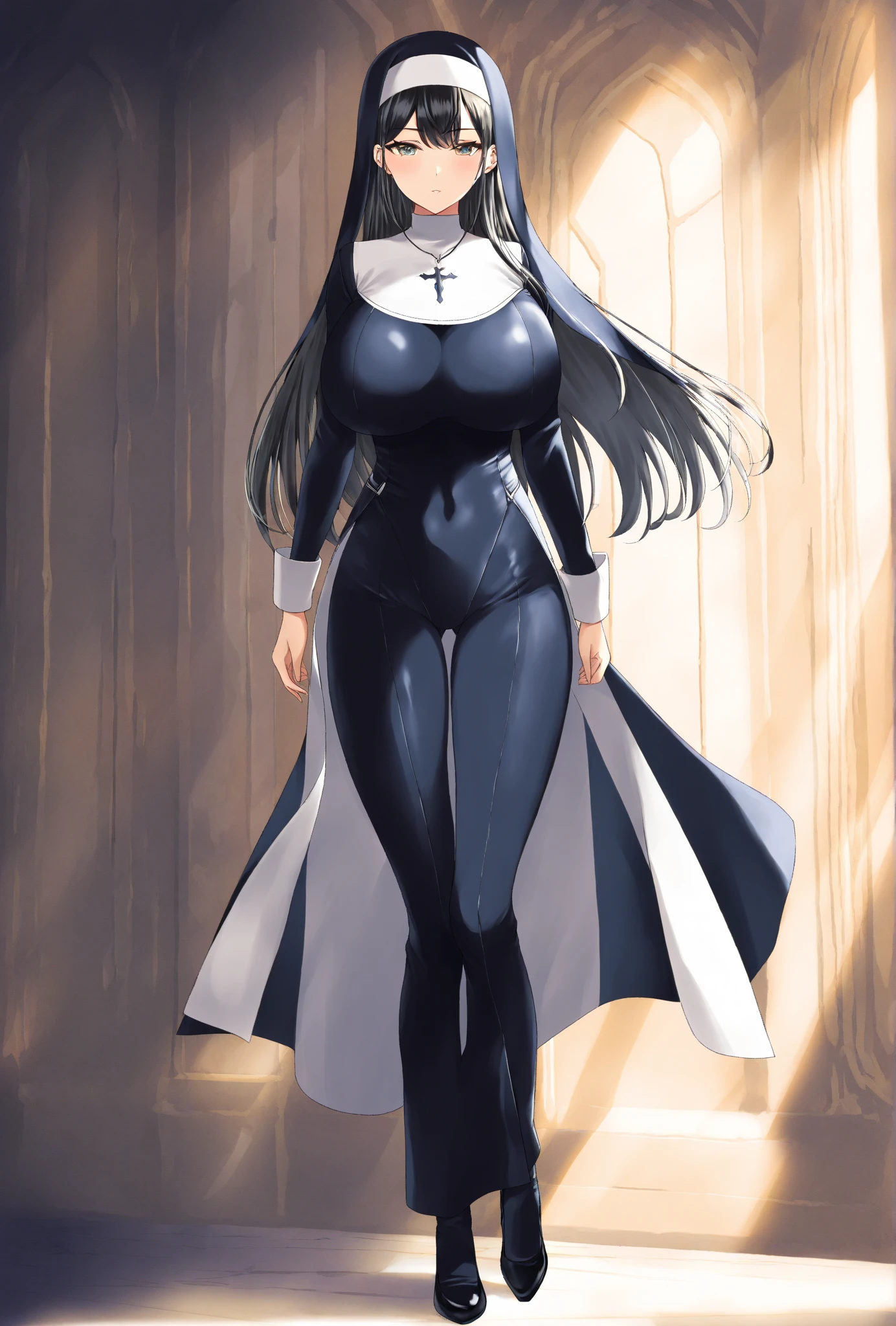 (extremely detailed CG unit 8k wallpaper: 1.1), high resolution, detailed body skin, contrast, color, shadows, street background, 1girl, nun, long black hair, (blue eyes), huge chest, loose breasts, hands on hips, embarrassed, goth, cameltoe