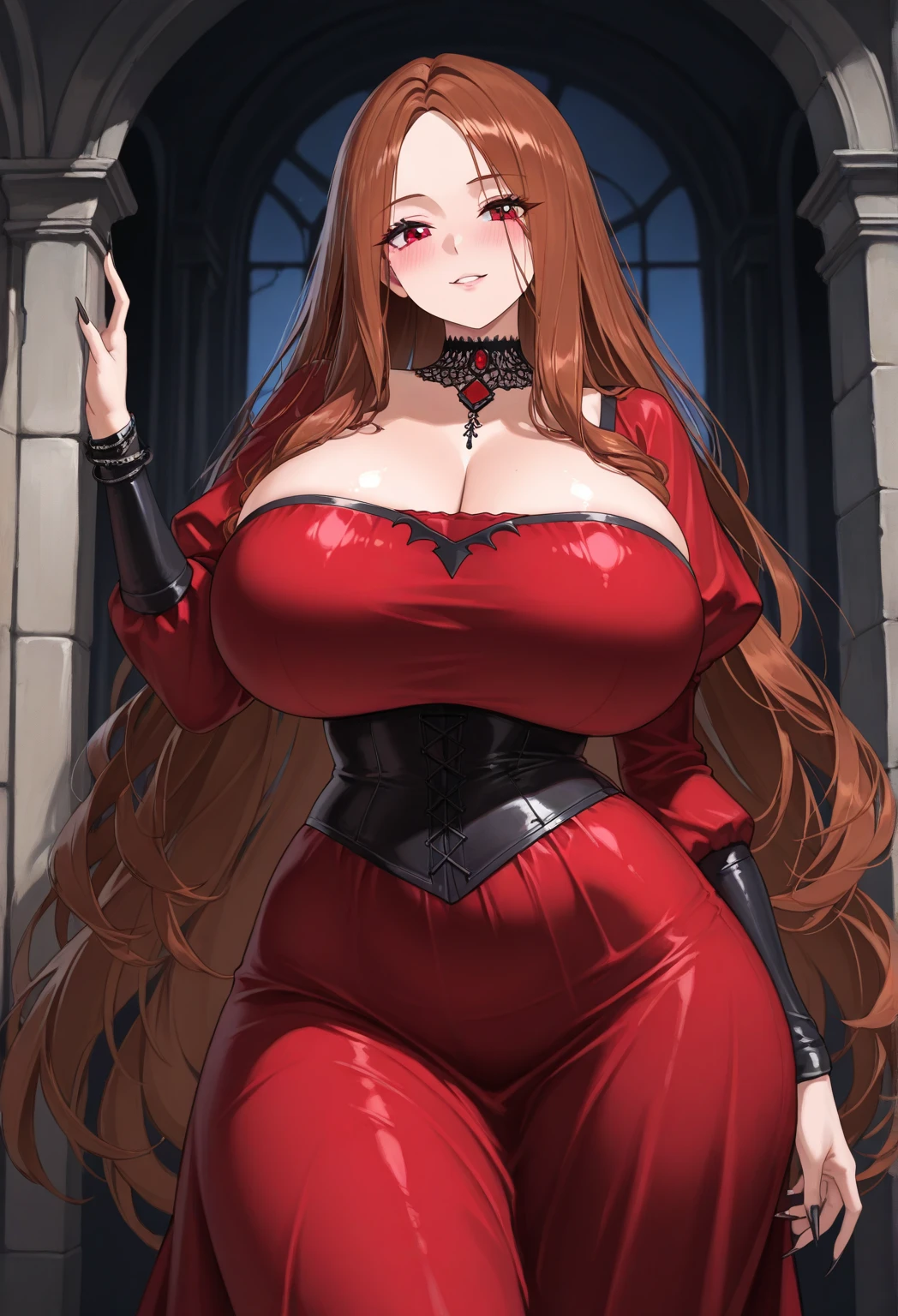 (masterpiece:1.2, best quality), realistic, (real picture, intricate details, depth of field), (1girl, solo), make up, parted lips, highly-detailed, gorgeous perfect face, (huge breasts:1.8), (skindentation), thick thighs, (wide hips), average waist, tall, Luscious red lips, (Long Voluminous Wild Scarlet Red hairs), beautiful blue eyes, (sweating:1.2), (wet), sexy, blushing, (Adult Temptress) Voluptuous, Curvy, (Seductive dynamic pose) (Hanging breasts), (Deep Cleavage), (Disproportional tits), Lustful gaze, Sultry Woman, Temptation