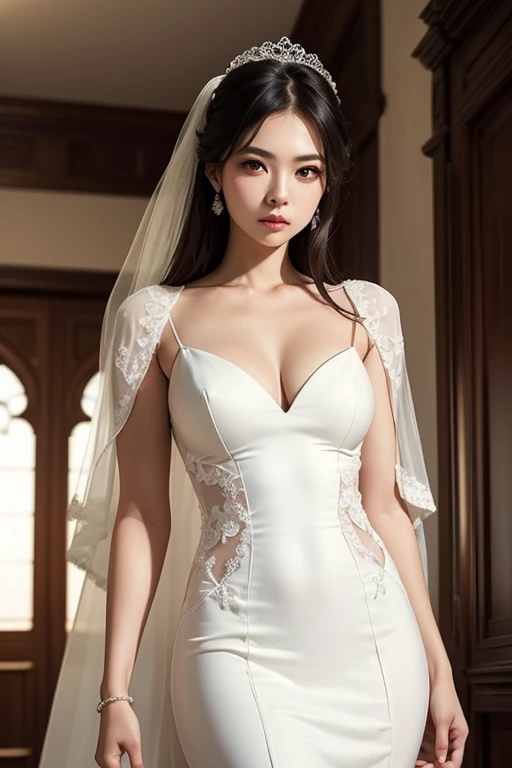 (8K,Raw photo、Raw photo、top-quality、Master masterpiece:1.2)、ultra-detailliert、Super Resolution、(Photorealsitic:1.3)、Angle to shoot from the front、Clearly draw shades of light、high resolution RAW color photos、professional photograpy、Same skin type as humans、Female proofreading of Japan from head to waist、Blur the background、Draws faithfully to anatomy、Very detailed and beautiful、Ultra-high image quality、long、Hair swaying and sexy、Very detailed beautiful girl、smil、full body Esbian、Loosely curly hair、Wedding、doress、chies、wedding dress、tiarra、From head to foot、bouquet,露出胸部、露出胸部、露出乳房、露出胸部、露出乳房,全身显示,全身显示,巨大的胸部、巨大的乳房