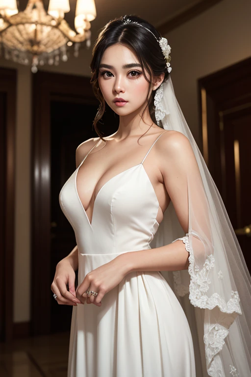 (8K, Photorealistic, Raw photo, of the highest quality: 1.3), (nsfw), (1girl in), Super beautiful, (Realistic face), (boyish, Silver Color Berry Shorthair), Beautiful, (wearing a white wedding dress, topless, with small neckrace and earring:1.3), Glare that captivates the viewer, Beautiful expression, Beautiful breasts, (Realistic skin), (small breasts), (in bed room, hotel room, at wedding night),