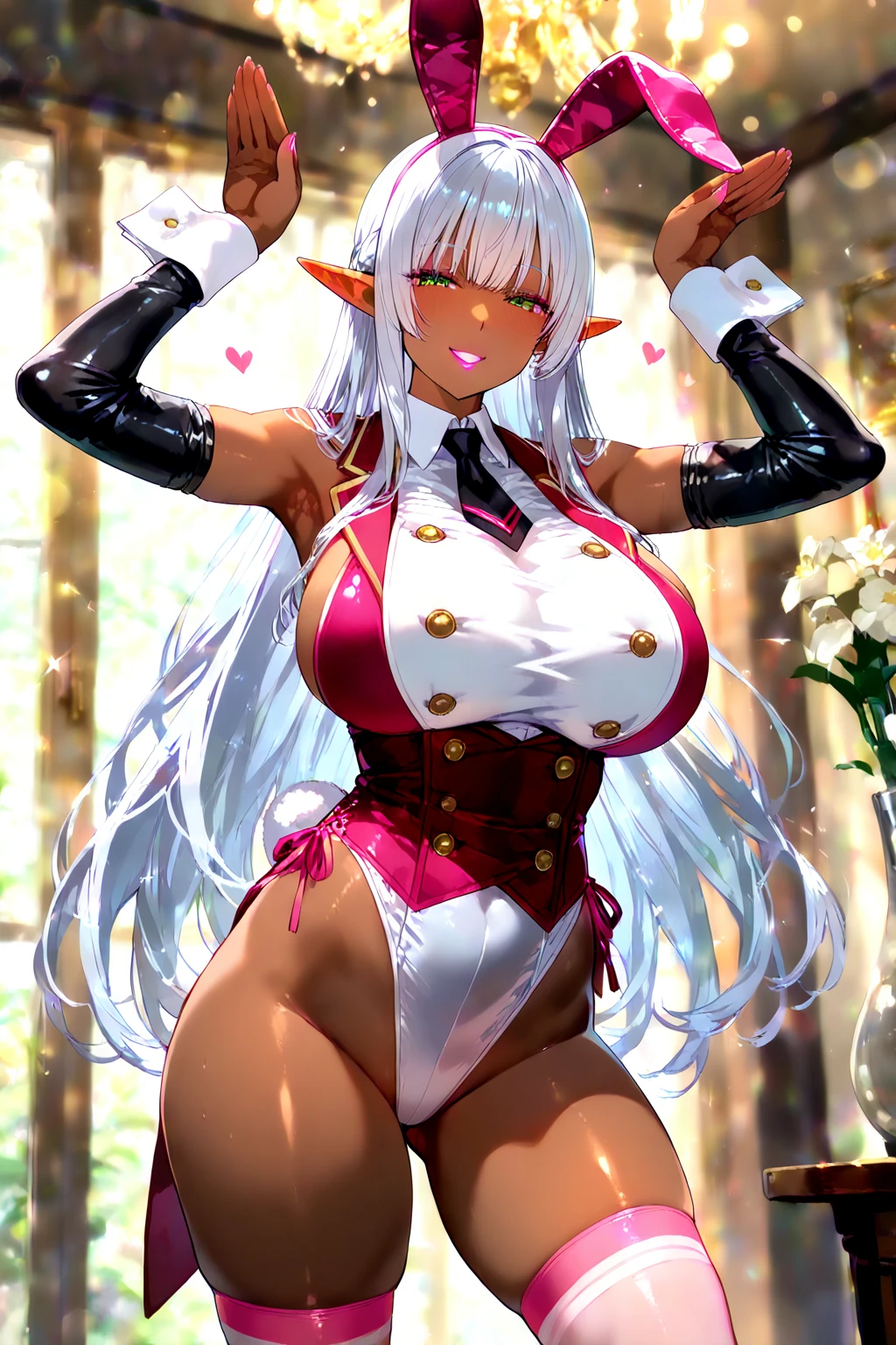 1girl, dark skin, dark-skinned female, bunny ears, rabbit ears, large breasts, white leotard, bunnysuit, leotard, white hair, long hair, golden trim, yellow eyes, gold trim, mature female, shy, timid, cleavage
