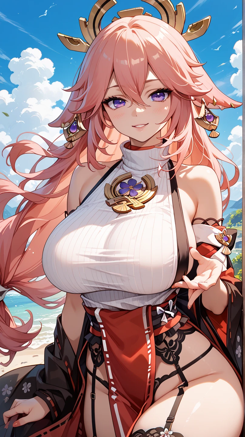 animetoreal, masterpiece, best quality, very aesthetic, absurdres, 1girl, mature_lady,huge oversize , grabbing own breasts,embarrassed,blush,tears in eyes, sweat, ,Yae Miko,Yae Miko(genshin impact), long pink hair, fox ears , purple eyes, a large gold ornament, large breasts, barefoot,,in desert,blur background,background defocus,