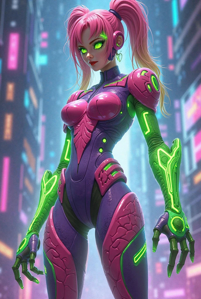 ((greatest masterpiece:1.3, ultimate quality:1.3, ultra-detailed:1.2)), (movie lighting), ((perfectly sensual)), super fine illustration, an extremely delicate and beautiful, 4K, 8K, 16K, UHD, 1girl, solo, vibrant long hair, stunning eyes, large breasts, athletic build, perfectly proportioned female body, anatomically perfect, detailed beautiful face, confident smile, flushed cheeks, exoskeleton battle suit, green and dark green color scheme, large beam saber, combat stance, sci-fi anime background, cinematic angle, official art, dynamic composition, upper body shot, seductive pose, perfect AI-assisted artwork, world-class quality, futuristic cityscape, night scene
