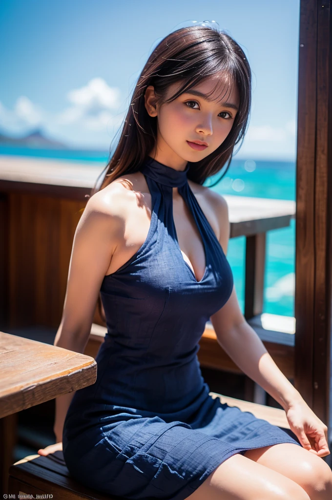 anatomy、one girl、very cute face、big braids、Red hair fastening、small breasts、National costume、An ennui look、Southern island resort facilities、(((sitting on a hanging chair made of cast iron、hanging chair)))、((I can see the sea、White cloud、Marine blue sea))、RAW photo、highest quality、High resolution、Highest image quality、master piece:1.3、