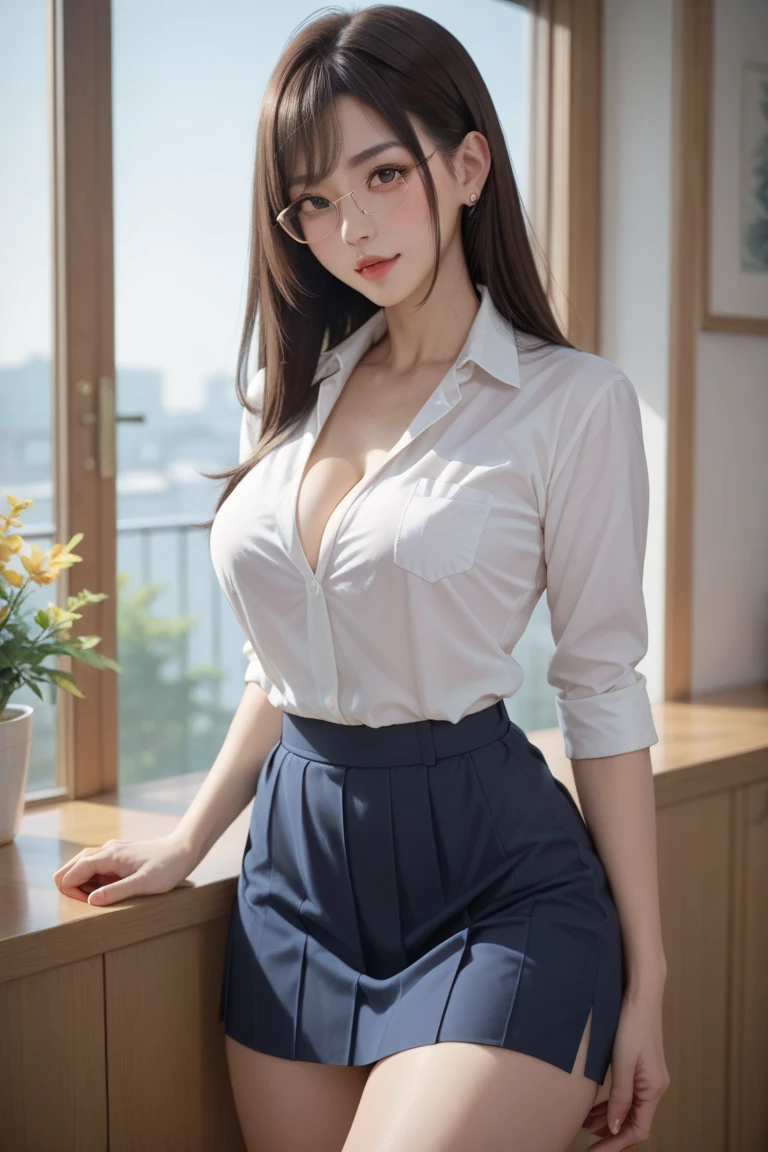 NSFW, (best quality,4k,highres),ultra-detailed,realistic,cosplay,student uniform, unbutton clothes, unbutton shirt, mini skirt, skirt lift up, open legs,beautiful woman,big breasts, show nipples detailed, dark hairy pussy, pubic hair,vivid colors,portrait,soft lighting