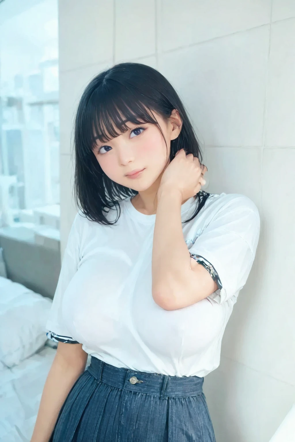 masterpiece, ultra high res, (photorealistic:1.4), 8k, RAW photo, best quality, detailed shadow, sharp focus, bloom, (bokeh:1.3), (blue Hour Light:1.6), (running:1.8), (dramatic angle:1.3), BREAK 1girl, (small breast:1.5), (round face:1.5), (light pink hair:1.3), (long hair:1.3), (wavy hair:1), (bangs:1.5), (fair skin:1.5), (transparent skin:1.5), (narrow weist:1.8), wide forehead, (skinny:1.2), ((towering:1.8)), (towering:1.5), (18 years old:1.5), (detailed and structured patterns:1.5), (long Japanese Gym Uniform:1.6), (black buruma:1.6), (latex:1.2), (Futuristic bus:1.4), (bus:1.4),round breasts