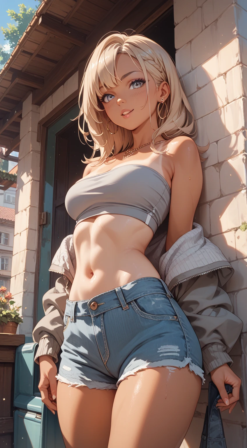 4k highly detailed realistic ((full body including legs)) photo of beautiful 18 year old Anglo-Saxon sweaty girl with ((sharp jawline)) and perky tits, in wet clothes standing by the bedroom window in a tall building with white walls in a wet sports bra with a deep neckline